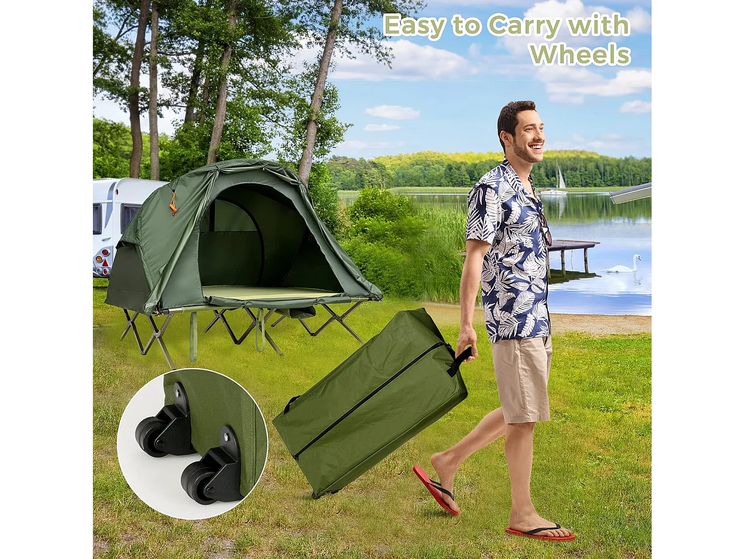 2-Persoons Kampeerbedje tent, 4-in-1 opvouwbaar tentbed met buitenhoes, draagbare verhoogde tent voor schoenen en lamphaak voor buitengebruik (Groen)ZB32374