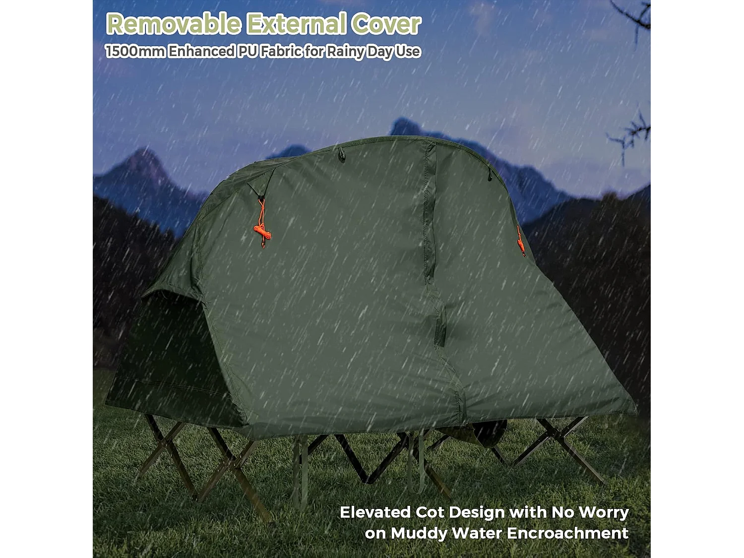 2-Persoons Kampeerbedje tent, 4-in-1 opvouwbaar tentbed met buitenhoes, draagbare verhoogde tent voor schoenen en lamphaak voor buitengebruik (Groen)ZB32374