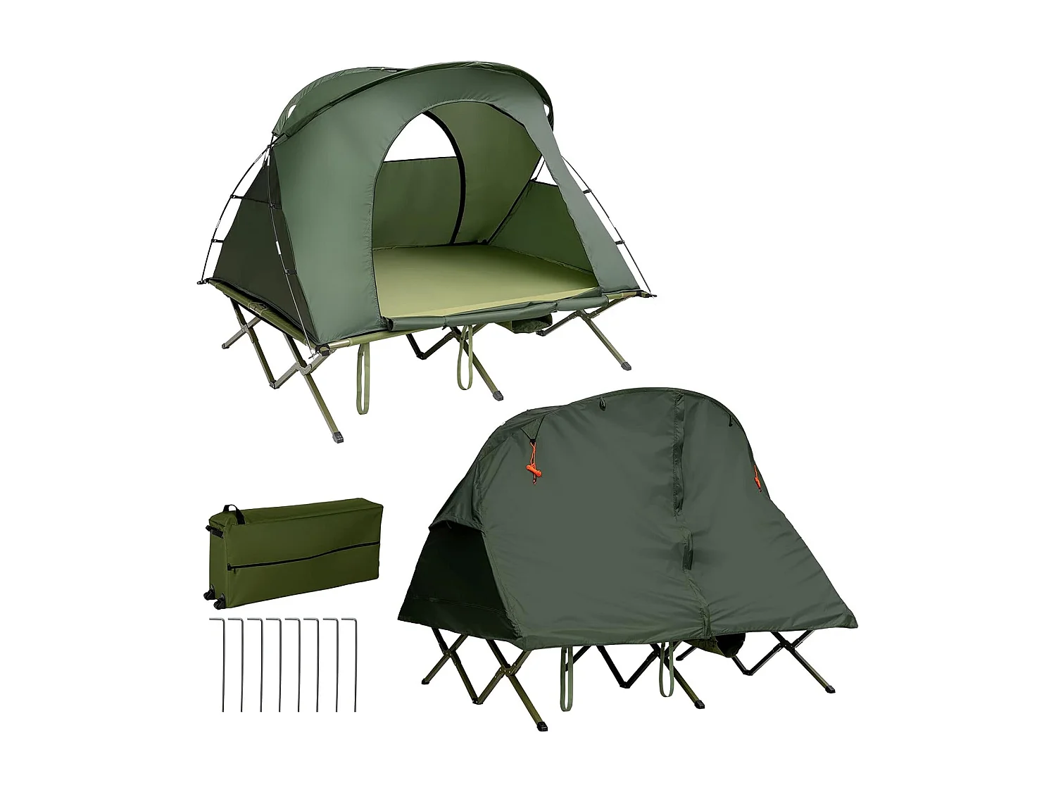 2-Persoons Kampeerbedje tent, 4-in-1 opvouwbaar tentbed met buitenhoes, draagbare verhoogde tent voor schoenen en lamphaak voor buitengebruik (Groen)ZB32374
