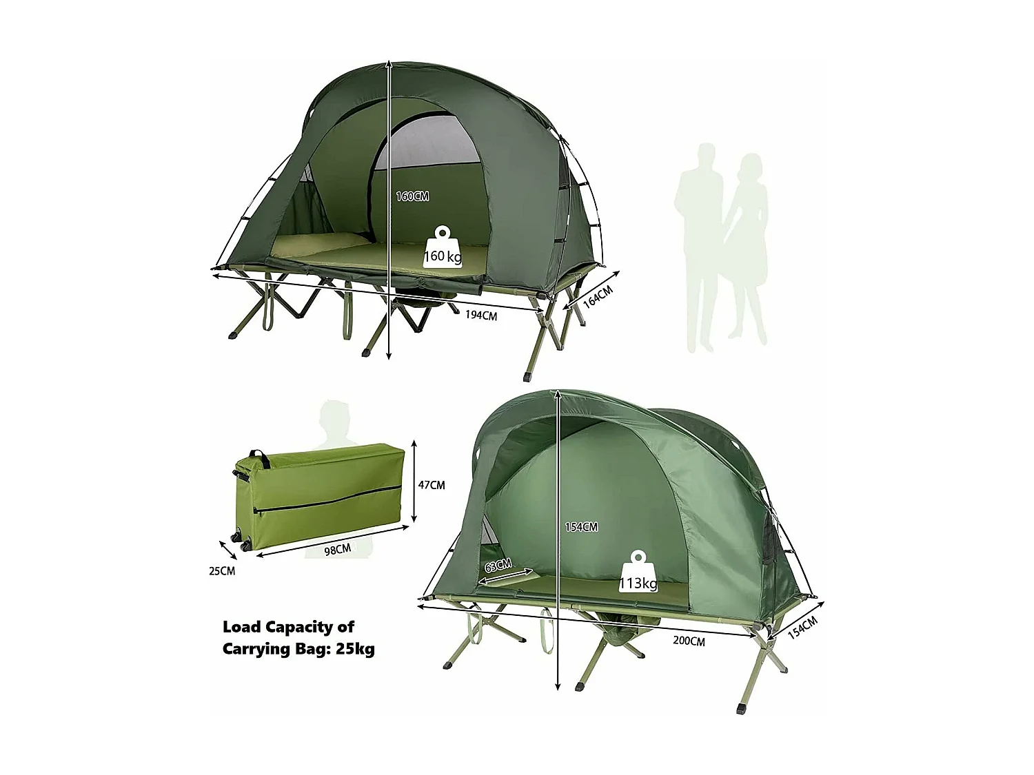 2-Persoons Kampeerbedje tent, 4-in-1 opvouwbaar tentbed met buitenhoes, draagbare verhoogde tent voor schoenen en lamphaak voor buitengebruik (Groen)ZB32374
