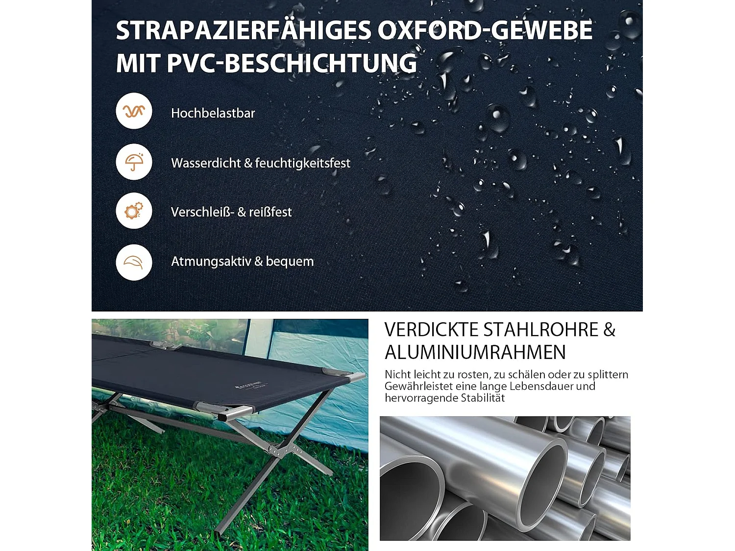 Veldbed, inklapbaar, 214,5 x 106 cm, campingbed met zijzak, draagbare campingstoel, belastbaar tot 150 kg,klapbed voor camping, strand (blauw) ZB32674