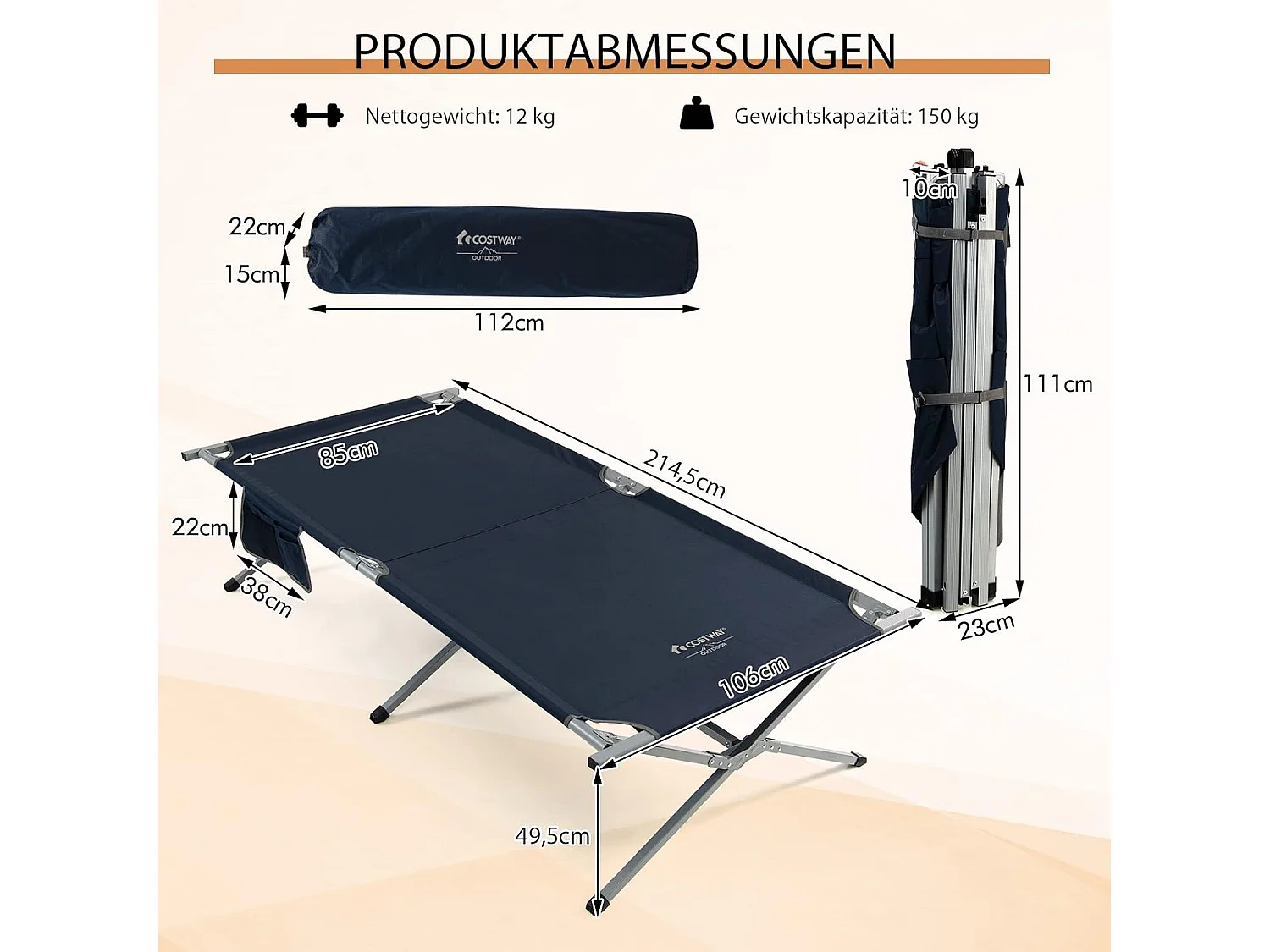 Veldbed, inklapbaar, 214,5 x 106 cm, campingbed met zijzak, draagbare campingstoel, belastbaar tot 150 kg,klapbed voor camping, strand (blauw) ZB32674