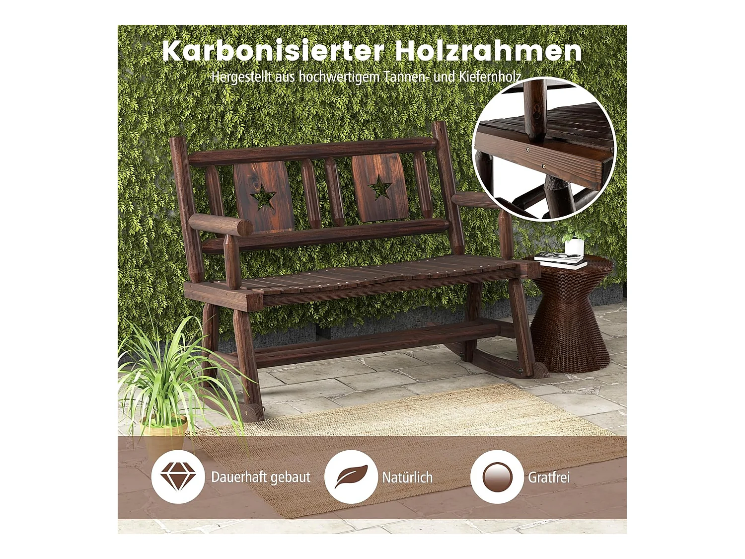 Tuinbank, schommelbank, zitbank tot 320 kg belastbaar, houten bank voor 2-zits, terrasbank van hout, parkbank voor tuin, terras, balkon, 111 x 85 x 89 cm