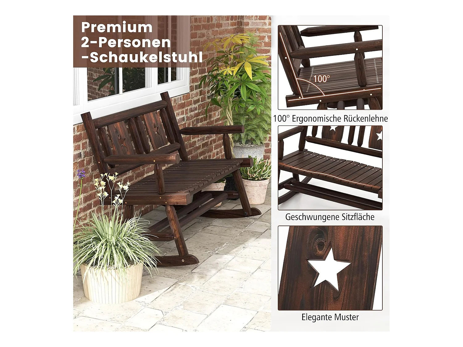 Tuinbank, schommelbank, zitbank tot 320 kg belastbaar, houten bank voor 2-zits, terrasbank van hout, parkbank voor tuin, terras, balkon, 111 x 85 x 89 cm