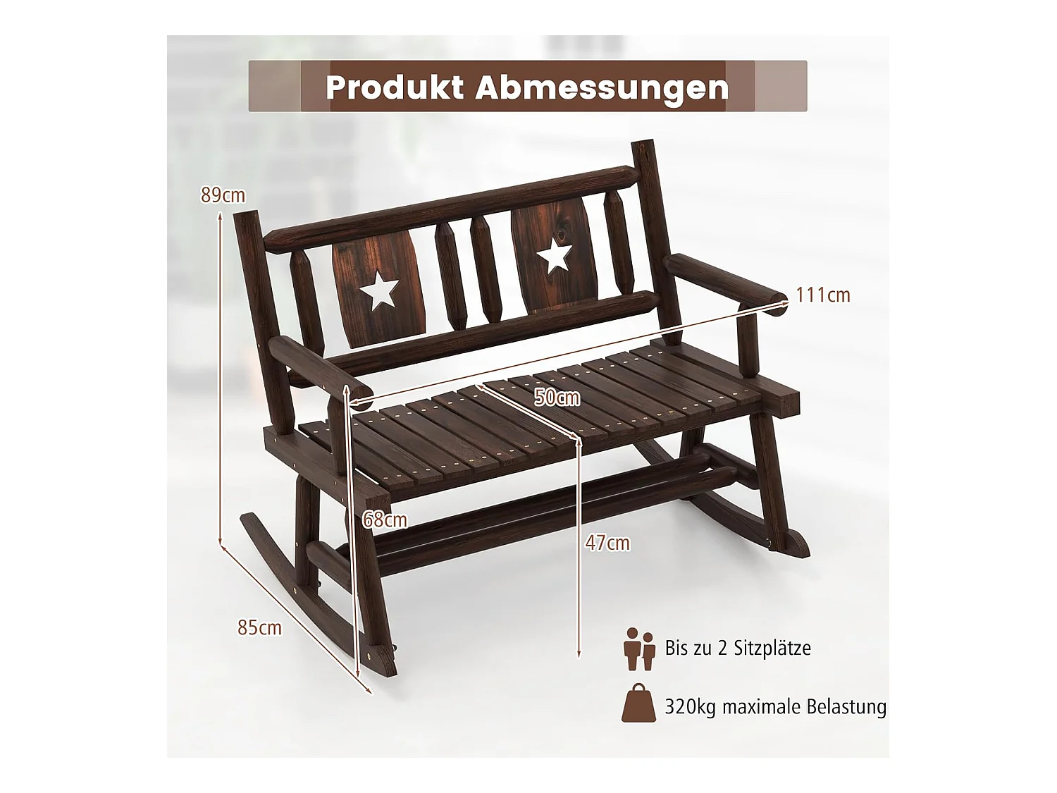 Tuinbank, schommelbank, zitbank tot 320 kg belastbaar, houten bank voor 2-zits, terrasbank van hout, parkbank voor tuin, terras, balkon, 111 x 85 x 89 cm