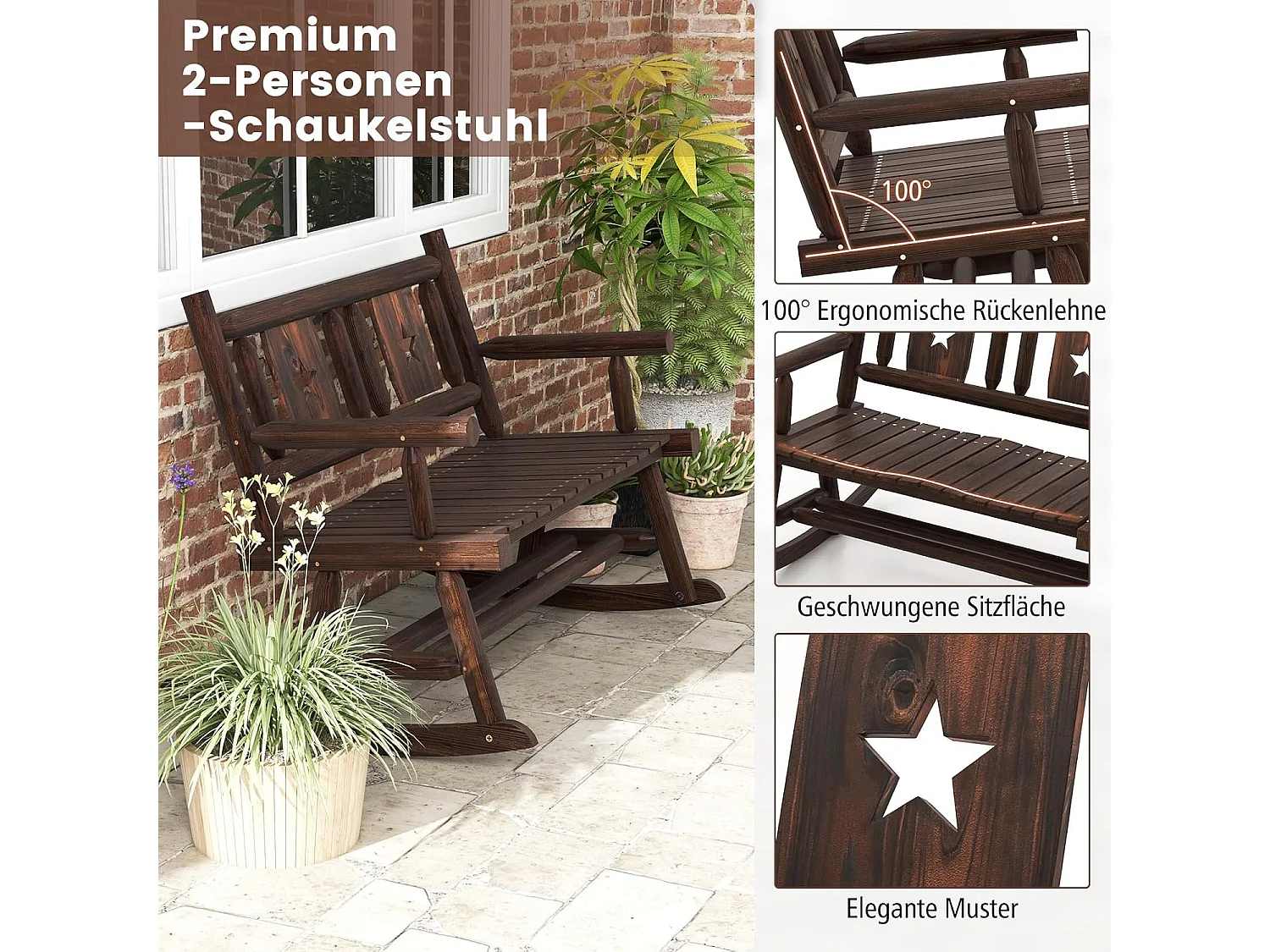 Tuinbank, schommelbank, zitbank tot 320 kg belastbaar, houten bank voor 2-zits, terrasbank van hout, parkbank voor tuin, terras, balkon, 111 x 85 x 89 cm