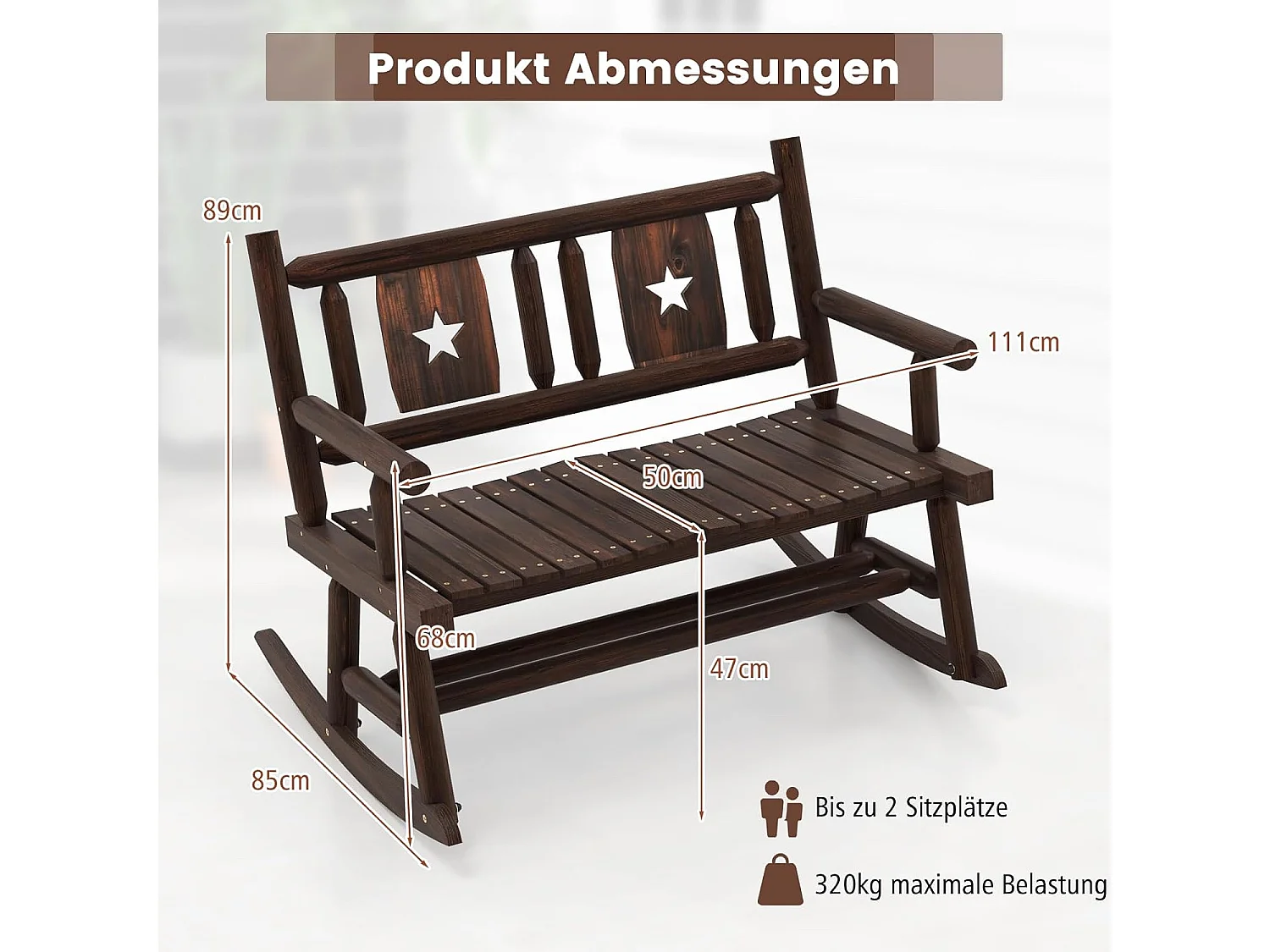 Tuinbank, schommelbank, zitbank tot 320 kg belastbaar, houten bank voor 2-zits, terrasbank van hout, parkbank voor tuin, terras, balkon, 111 x 85 x 89 cm