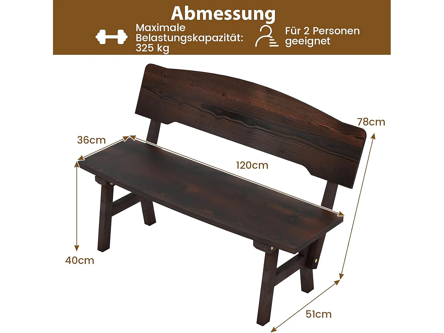 Tuinbank, schommelbank, zitbank tot 320 kg belastbaar, houten bank voor 2-zits, terrasbank van hout, parkbank voor tuin, terras, balkon, 111 x 85 x 89 cm
