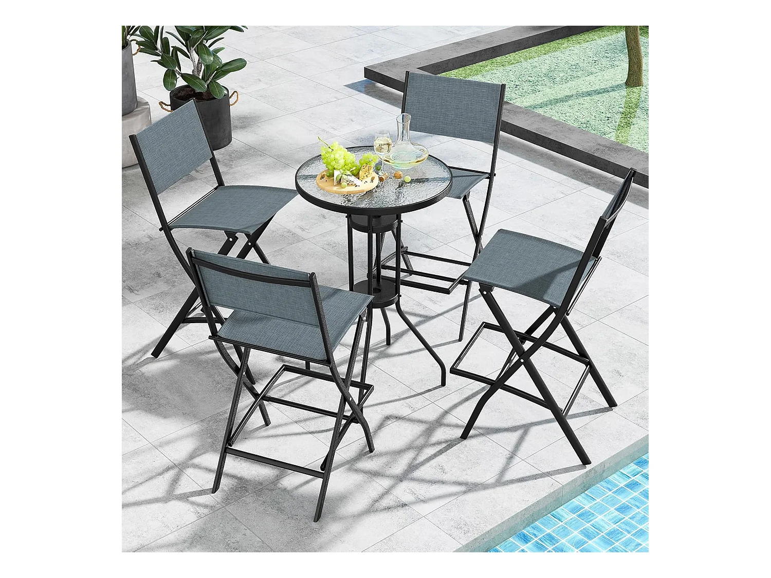 Set van 2 outdoor barkrukken, inklapbare barstoelen, barkruk tot 150 kg belastbaar, zithoogte 71 cm, tuinstoelen voor balkon, tuin en zwembad, blauwZB33563
