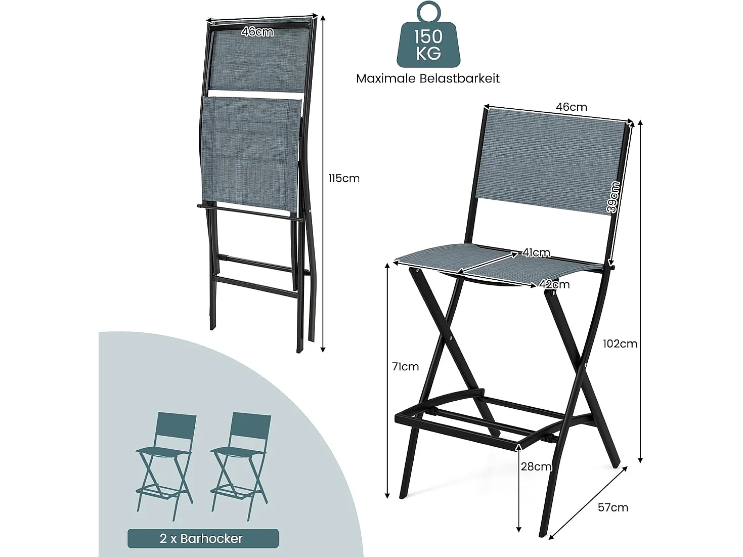 Set van 2 outdoor barkrukken, inklapbare barstoelen, barkruk tot 150 kg belastbaar, zithoogte 71 cm, tuinstoelen voor balkon, tuin en zwembad, blauwZB33563