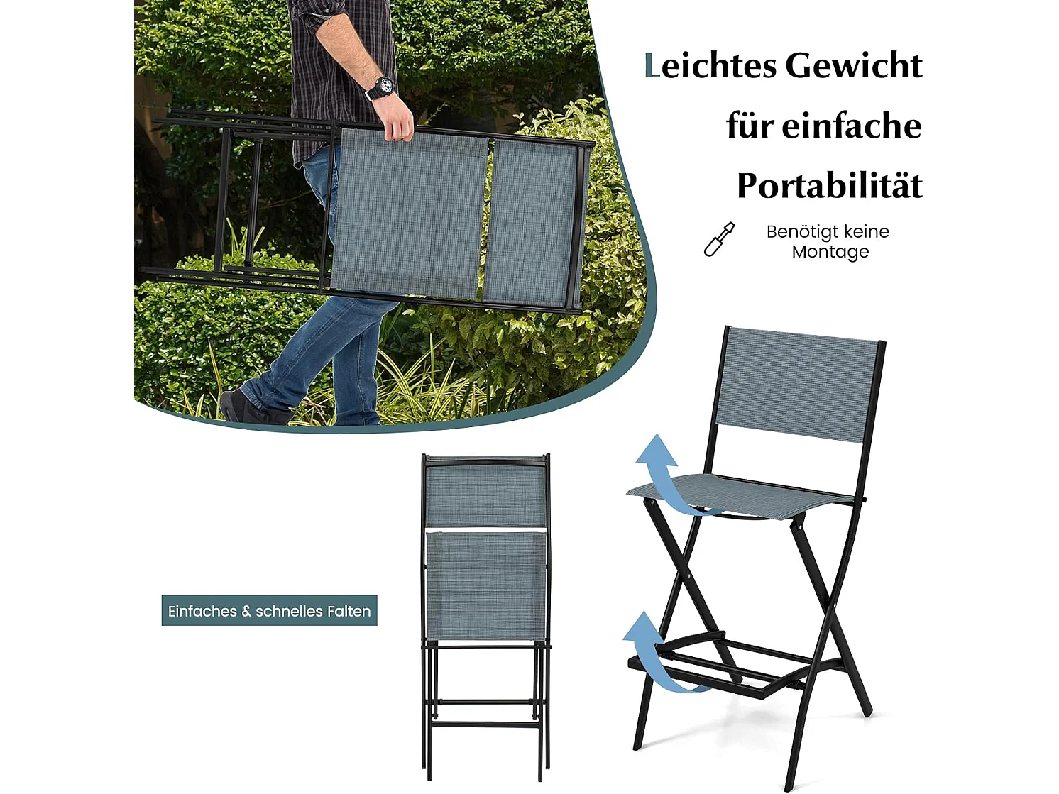 Set van 2 outdoor barkrukken, inklapbare barstoelen, barkruk tot 150 kg belastbaar, zithoogte 71 cm, tuinstoelen voor balkon, tuin en zwembad, blauwZB33563