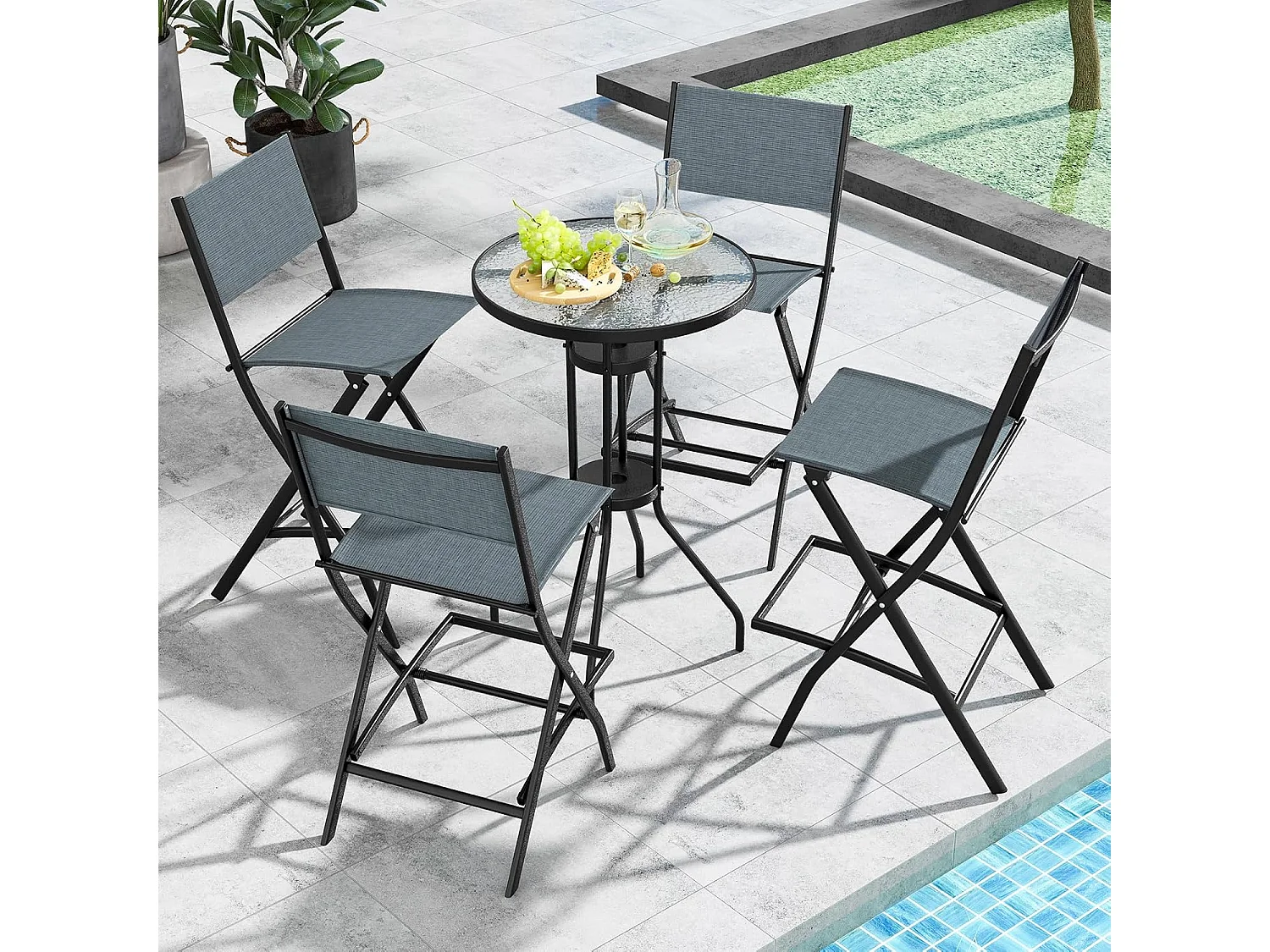 Set van 2 outdoor barkrukken, inklapbare barstoelen, barkruk tot 150 kg belastbaar, zithoogte 71 cm, tuinstoelen voor balkon, tuin en zwembad, blauwZB33563