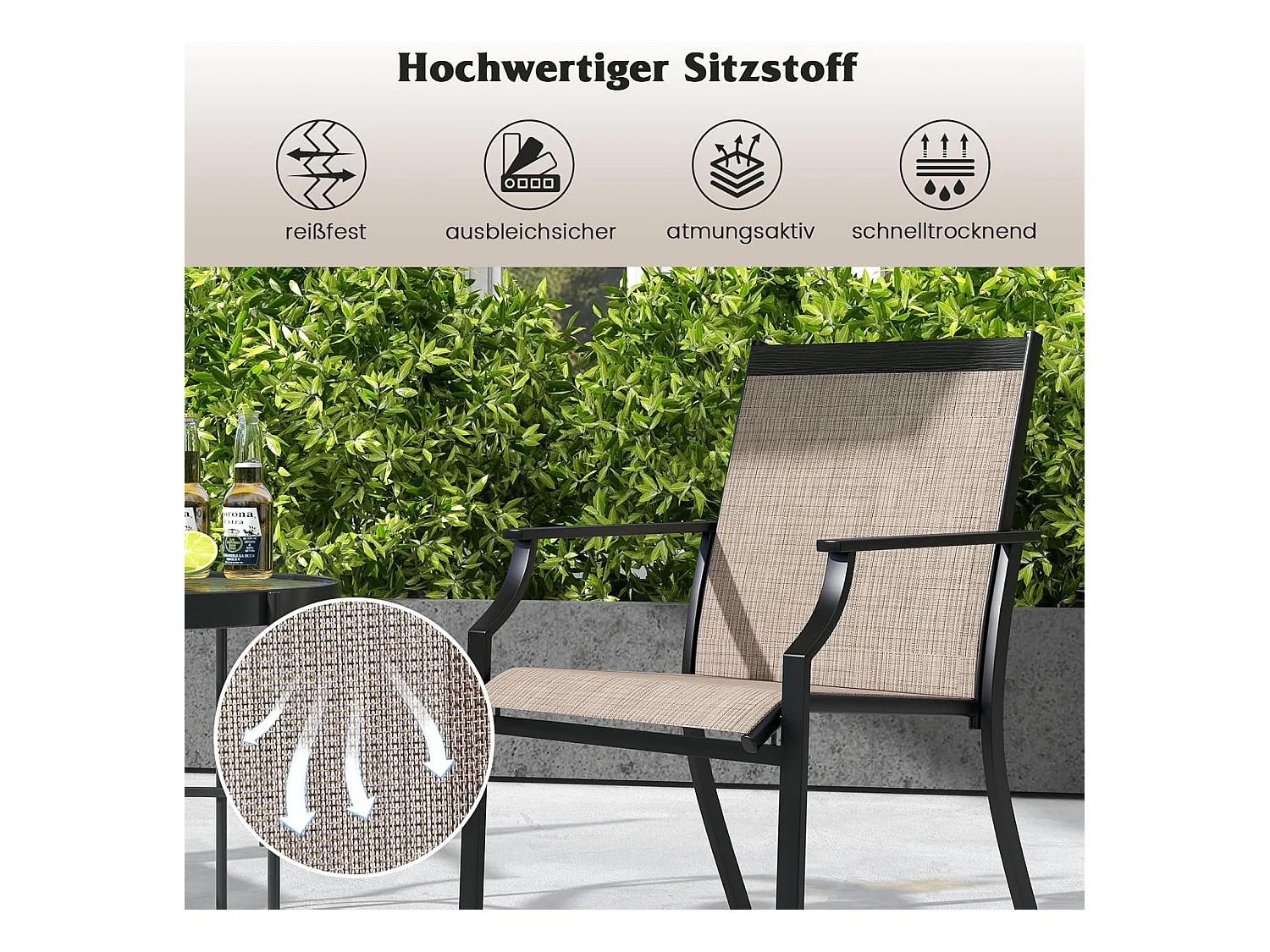 Set van 2 tuinstoelen, terrasstoelen, balkonstoelen met ademende zitting, outdoorstoelen tot 150 kg belastbaar, voor tuin, balkon, zwembad, koffieZB33582