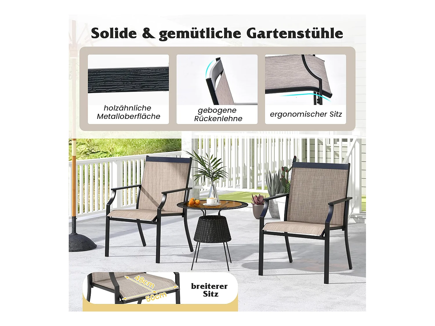 Set van 2 tuinstoelen, terrasstoelen, balkonstoelen met ademende zitting, outdoorstoelen tot 150 kg belastbaar, voor tuin, balkon, zwembad, koffieZB33582