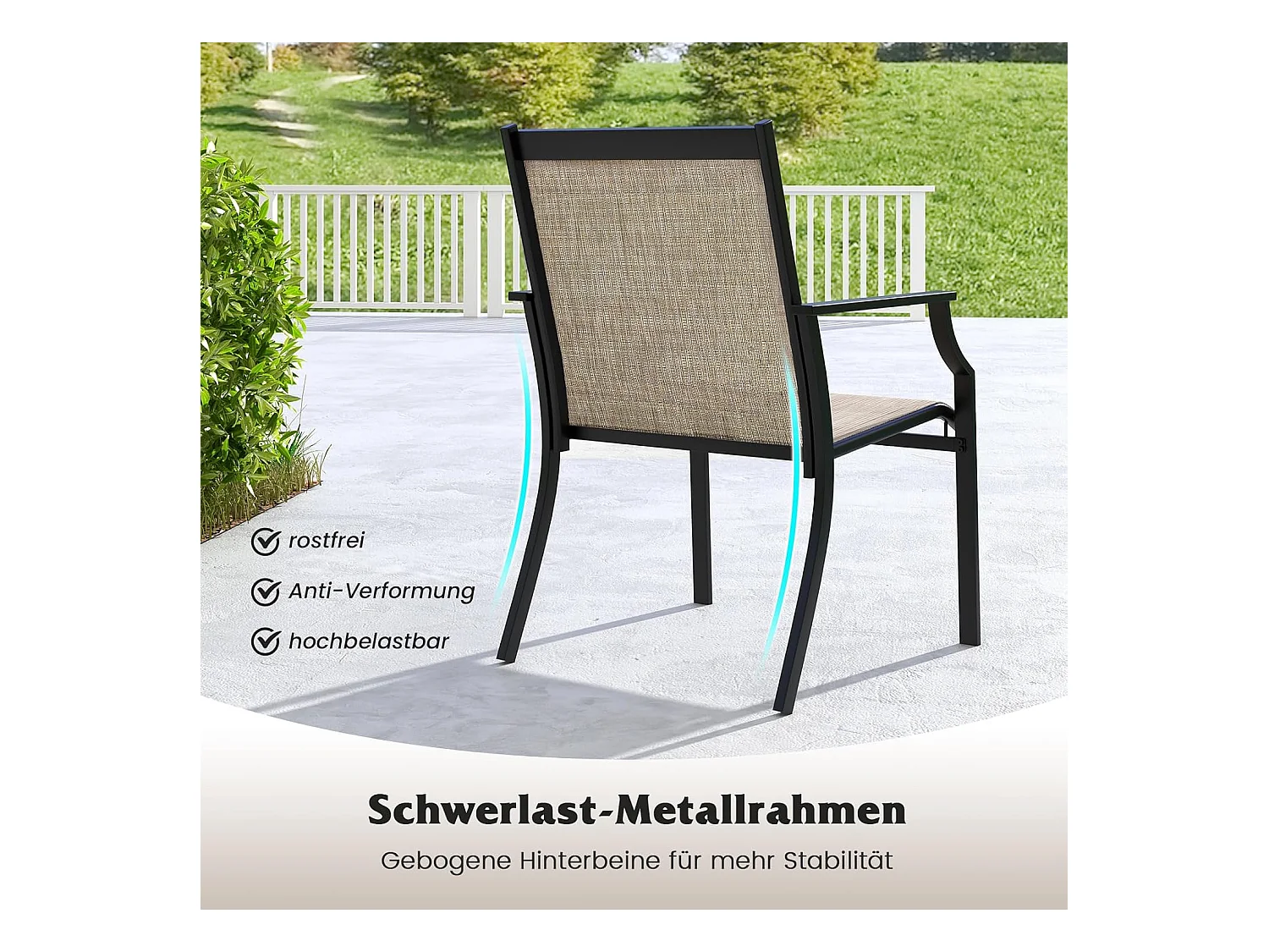 Set van 2 tuinstoelen, terrasstoelen, balkonstoelen met ademende zitting, outdoorstoelen tot 150 kg belastbaar, voor tuin, balkon, zwembad, koffieZB33582