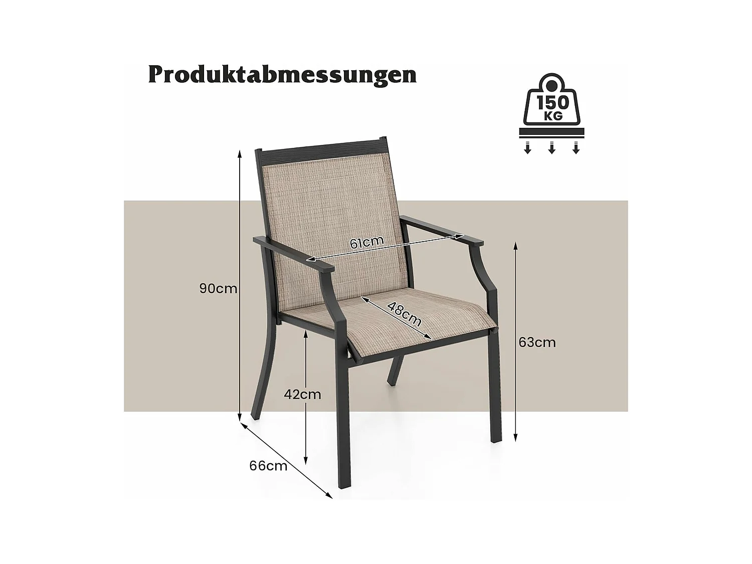 Set van 2 tuinstoelen, terrasstoelen, balkonstoelen met ademende zitting, outdoorstoelen tot 150 kg belastbaar, voor tuin, balkon, zwembad, koffieZB33582
