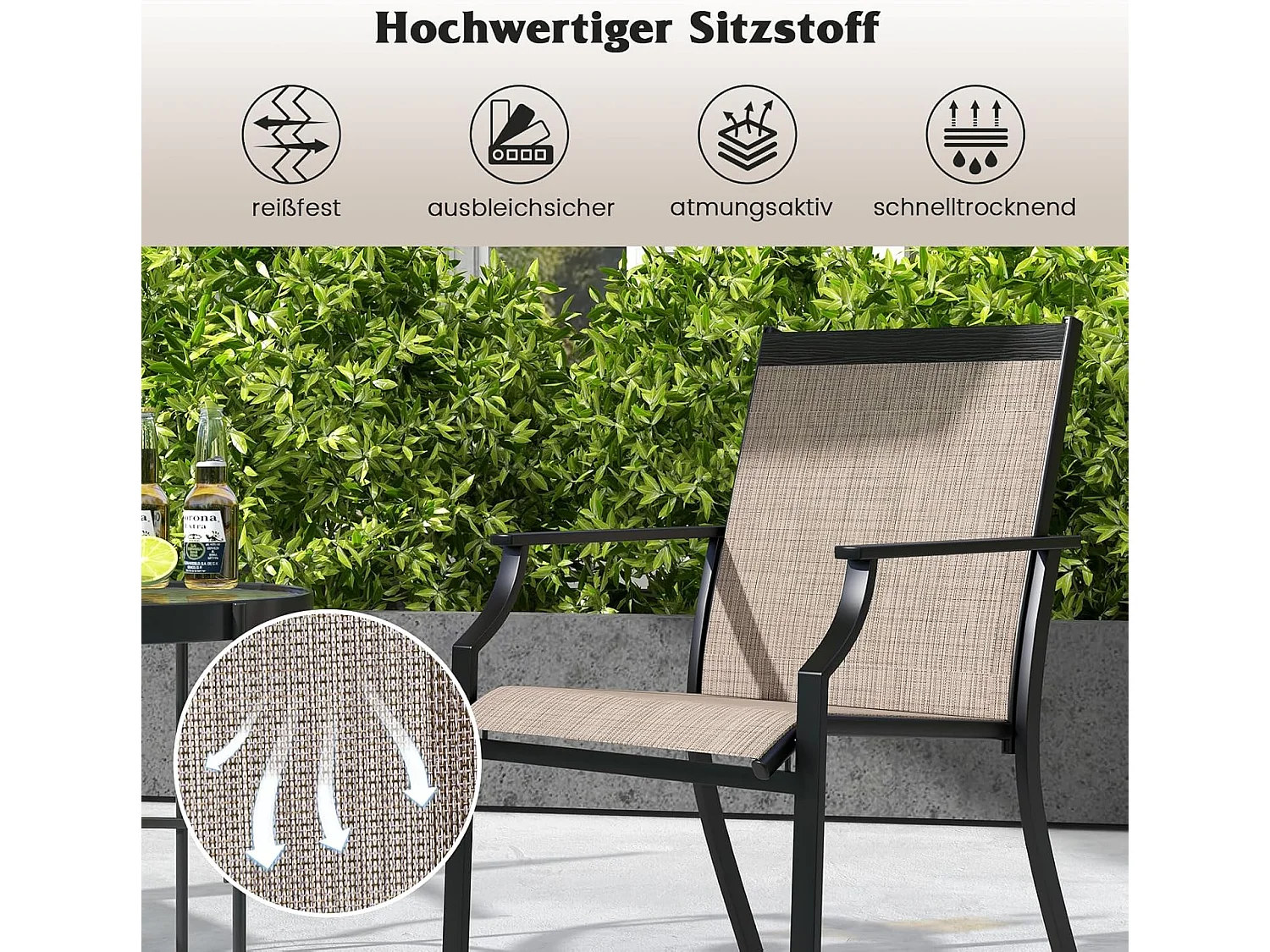 Set van 2 tuinstoelen, terrasstoelen, balkonstoelen met ademende zitting, outdoorstoelen tot 150 kg belastbaar, voor tuin, balkon, zwembad, koffieZB33582