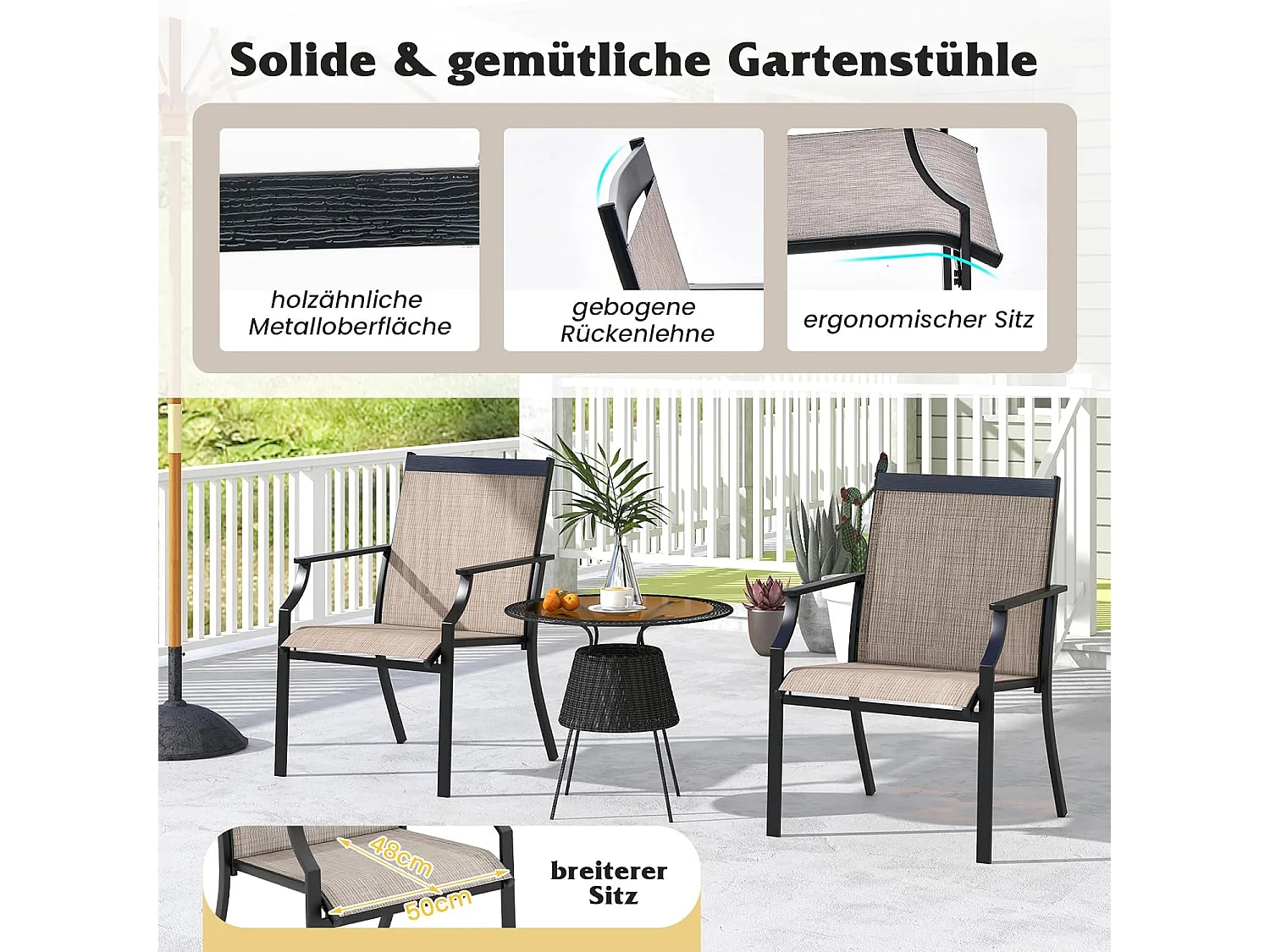 Set van 2 tuinstoelen, terrasstoelen, balkonstoelen met ademende zitting, outdoorstoelen tot 150 kg belastbaar, voor tuin, balkon, zwembad, koffieZB33582