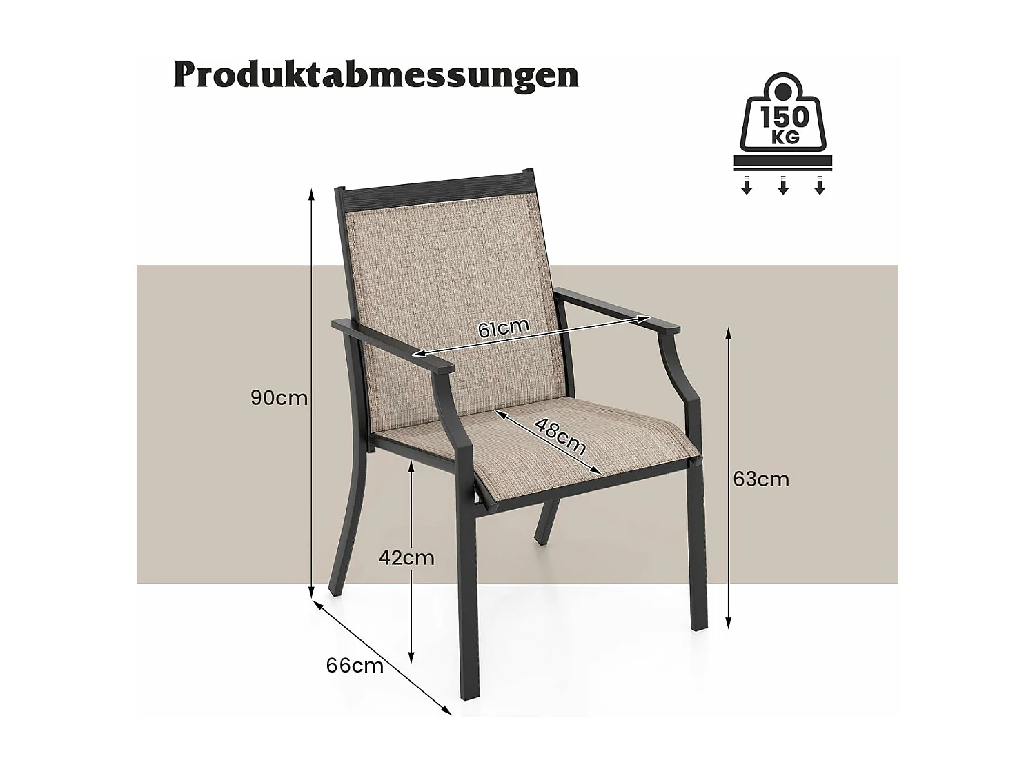 Set van 2 tuinstoelen, terrasstoelen, balkonstoelen met ademende zitting, outdoorstoelen tot 150 kg belastbaar, voor tuin, balkon, zwembad, koffieZB33582