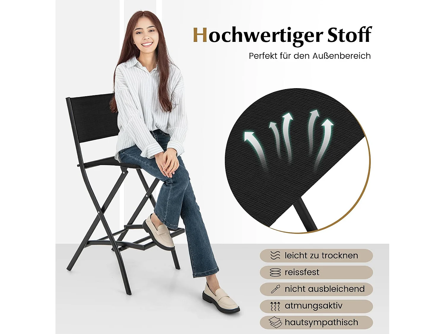 Set van 2 outdoor barkrukken, inklapbare barstoelen, tot 150 kg belastbaar, zithoogte 71 cm, tuinstoelen voor balkon, tuin en zwembad, zwartZB33563