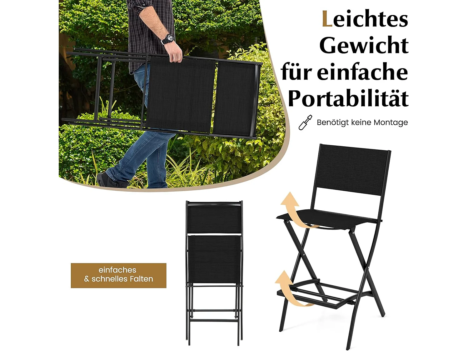 Set van 2 outdoor barkrukken, inklapbare barstoelen, tot 150 kg belastbaar, zithoogte 71 cm, tuinstoelen voor balkon, tuin en zwembad, zwartZB33563