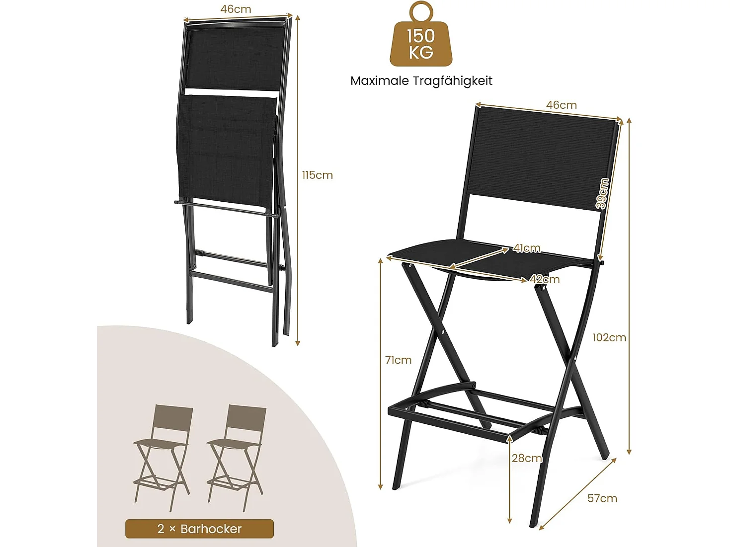 Set van 2 outdoor barkrukken, inklapbare barstoelen, tot 150 kg belastbaar, zithoogte 71 cm, tuinstoelen voor balkon, tuin en zwembad, zwartZB33563