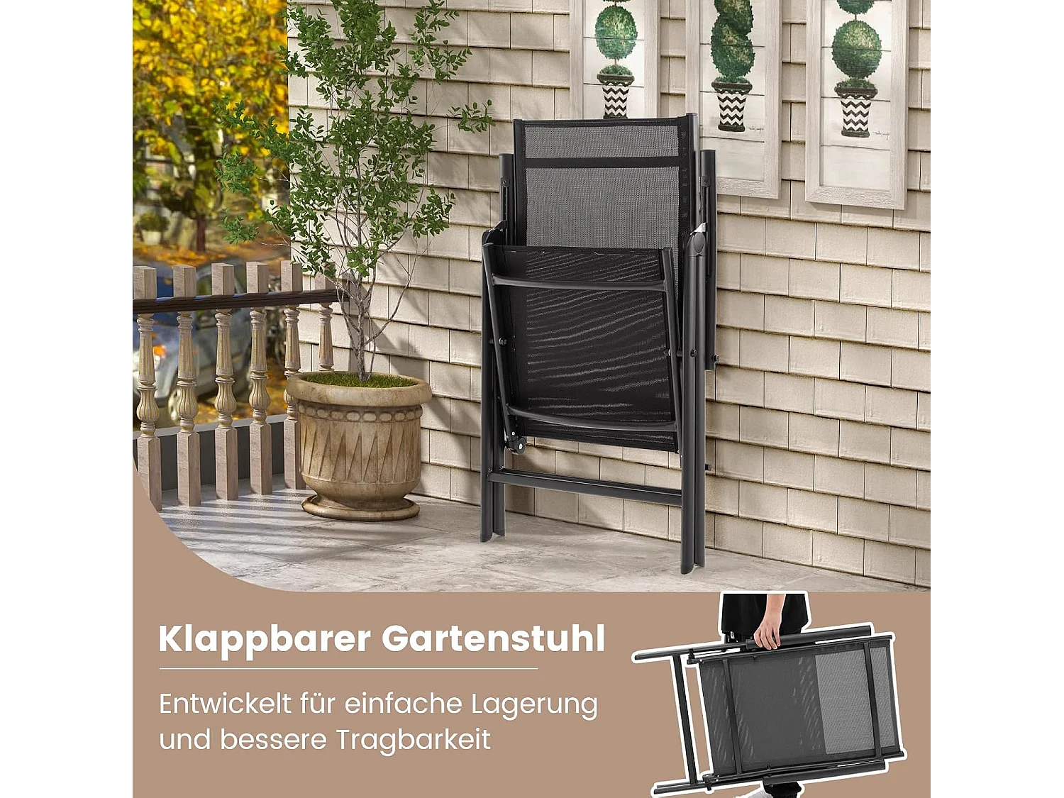 Set van 2 tuinstoelen, hoge rugleuning, klapstoelen met 7-voudig, balkonstoelen, tot 180 kg belastbaar, terrasstoelen voor  tuin,terras, balkon, zwart ZB33794