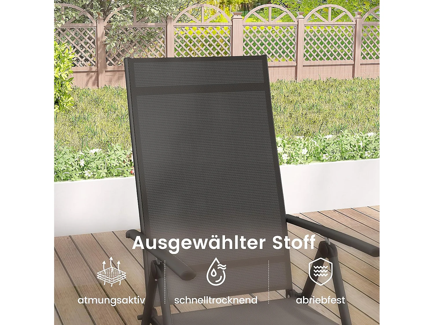 Set van 2 tuinstoelen, hoge rugleuning, klapstoelen met 7-voudig, balkonstoelen, tot 180 kg belastbaar, terrasstoelen voor  tuin,terras, balkon, zwart ZB33794