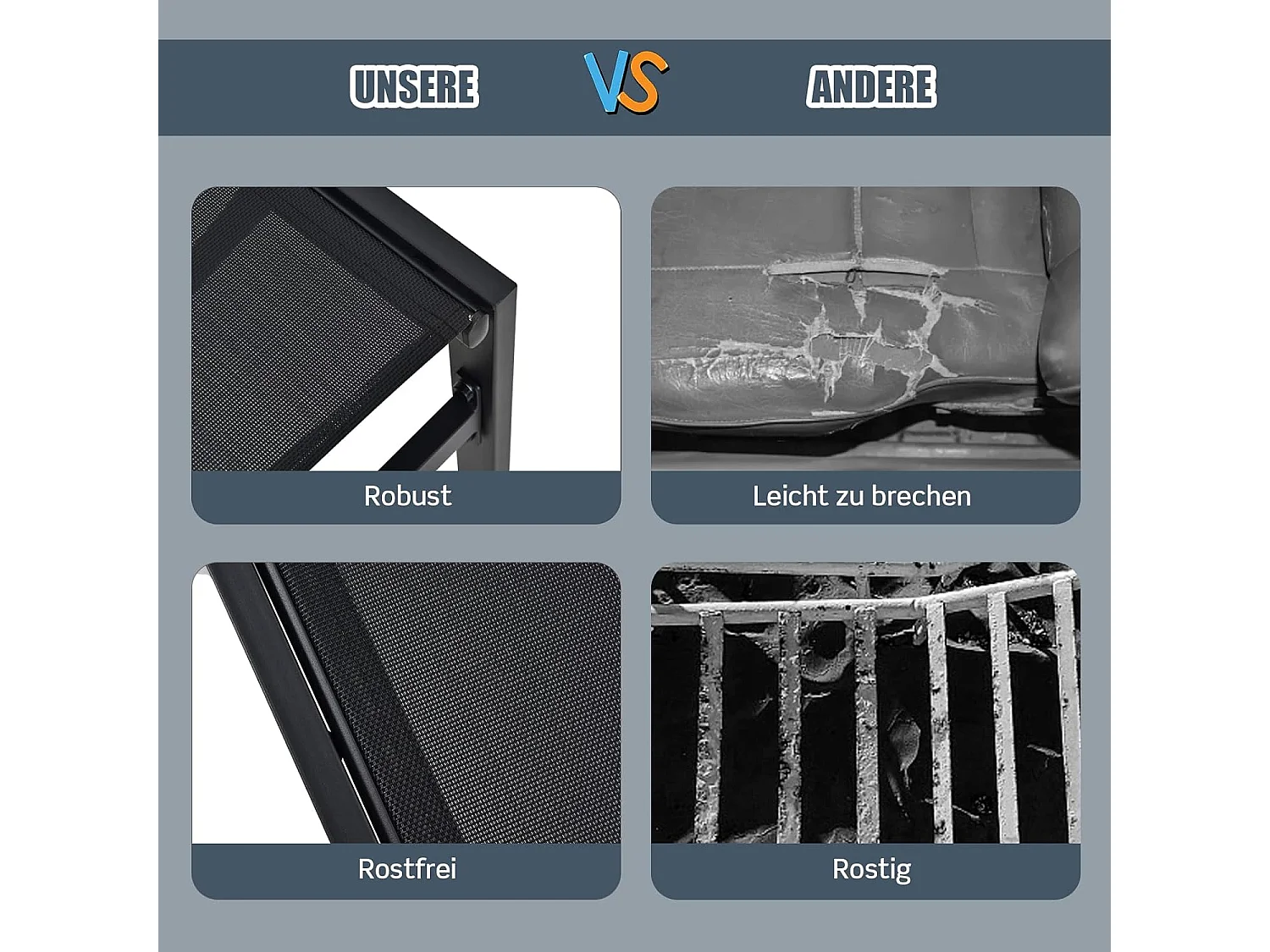 Set van 2 tuinstoelen, hoge rugleuning, klapstoelen met 7-voudig, balkonstoelen, tot 180 kg belastbaar, terrasstoelen voor  tuin,terras, balkon, zwart ZB33794