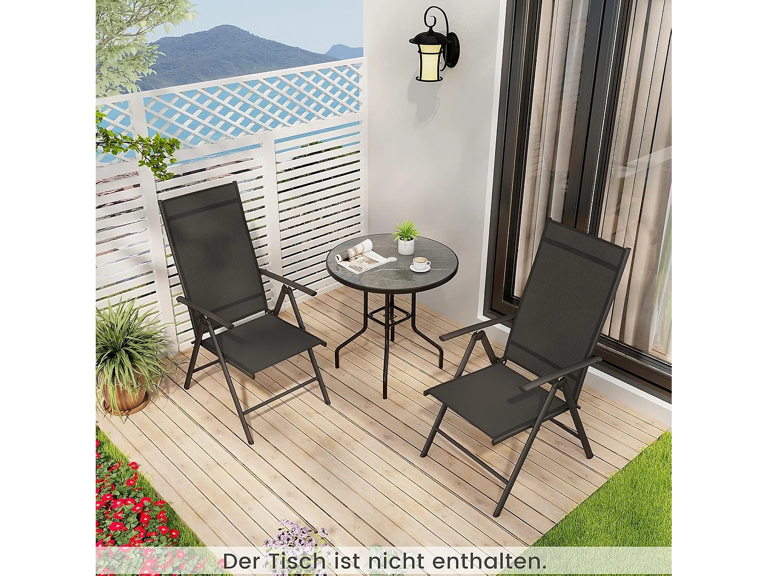 Set van 2 tuinstoelen, hoge rugleuning, klapstoelen met 7-voudig, balkonstoelen, tot 180 kg belastbaar, terrasstoelen voor  tuin,terras, balkon, zwart ZB33794