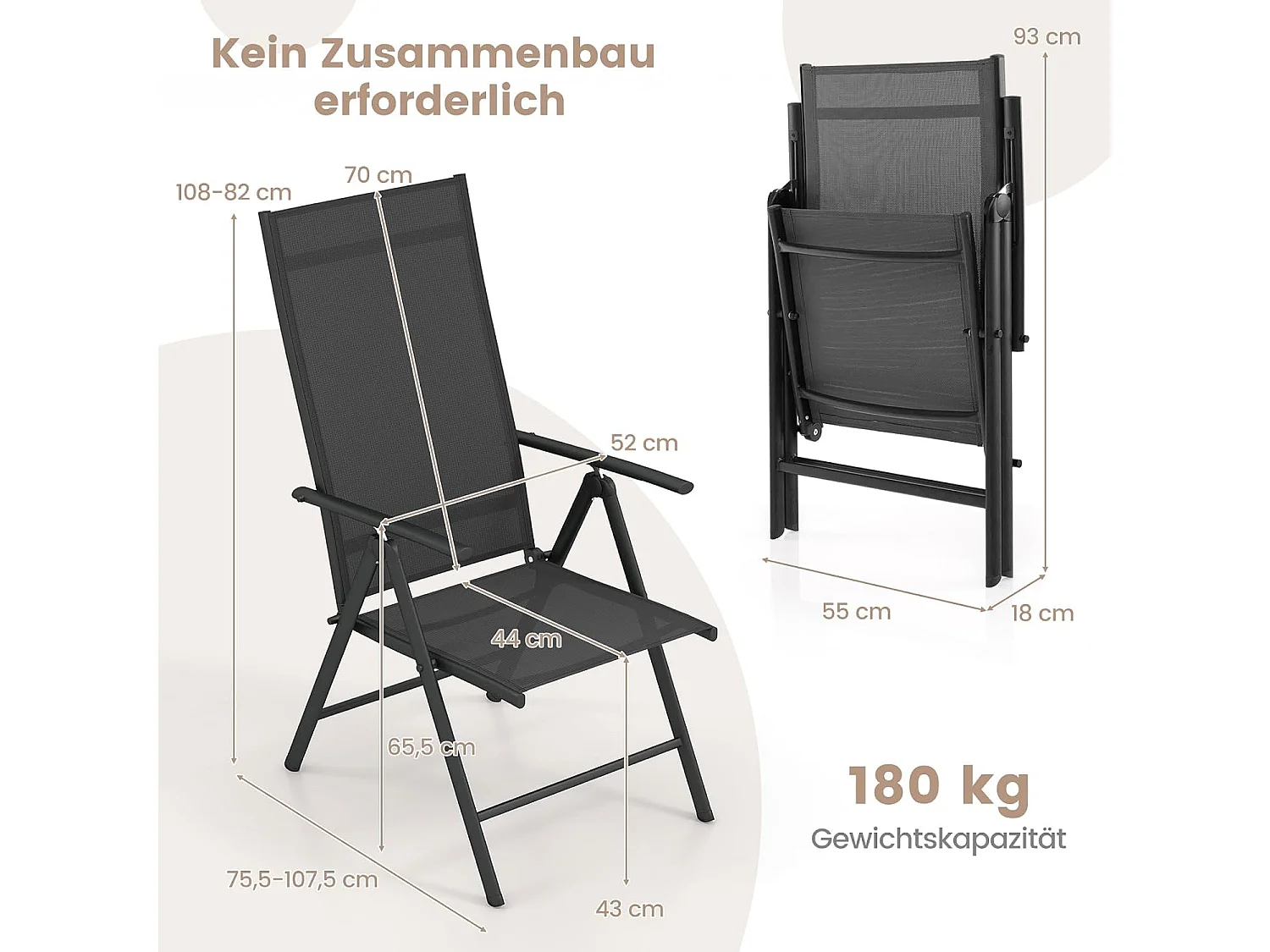 Set van 2 tuinstoelen, hoge rugleuning, klapstoelen met 7-voudig, balkonstoelen, tot 180 kg belastbaar, terrasstoelen voor  tuin,terras, balkon, zwart ZB33794