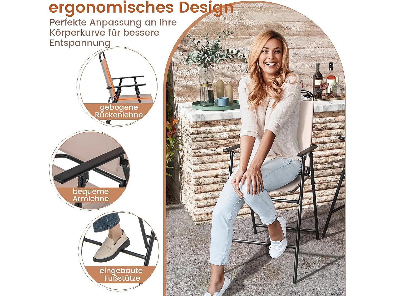 Set van 2 tuinstoelen, hoge klapstoelen met voetensteun,inklapbare barkrukken tot 150 kg belastbaar, balkonstoelen voor balkon, tuin, zwembad ZB33578