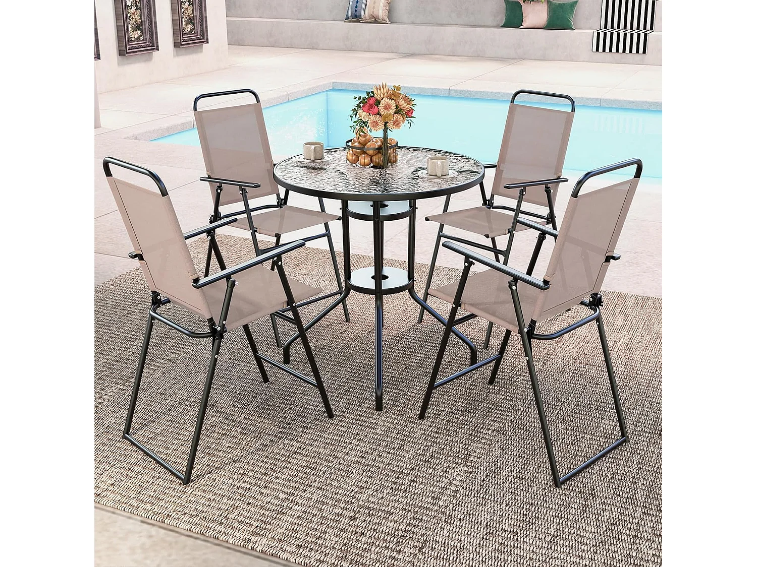 Set van 2 tuinstoelen, hoge klapstoelen met voetensteun,inklapbare barkrukken tot 150 kg belastbaar, balkonstoelen voor balkon, tuin, zwembad ZB33578