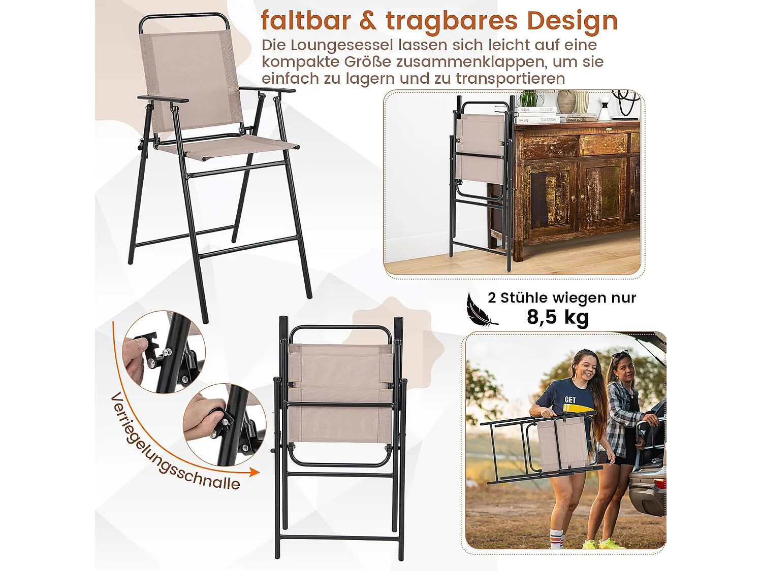 Set van 2 tuinstoelen, hoge klapstoelen met voetensteun,inklapbare barkrukken tot 150 kg belastbaar, balkonstoelen voor balkon, tuin, zwembad ZB33578