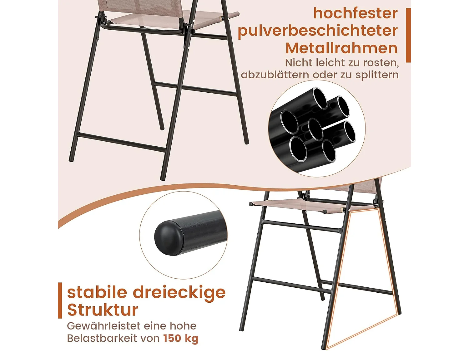 Set van 2 tuinstoelen, hoge klapstoelen met voetensteun,inklapbare barkrukken tot 150 kg belastbaar, balkonstoelen voor balkon, tuin, zwembad ZB33578