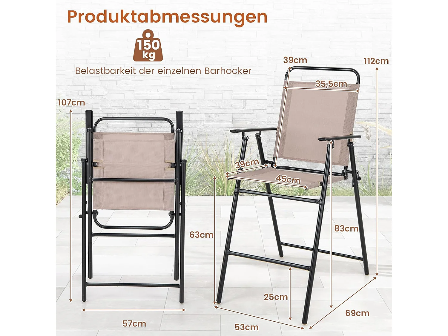 Set van 2 tuinstoelen, hoge klapstoelen met voetensteun,inklapbare barkrukken tot 150 kg belastbaar, balkonstoelen voor balkon, tuin, zwembad ZB33578