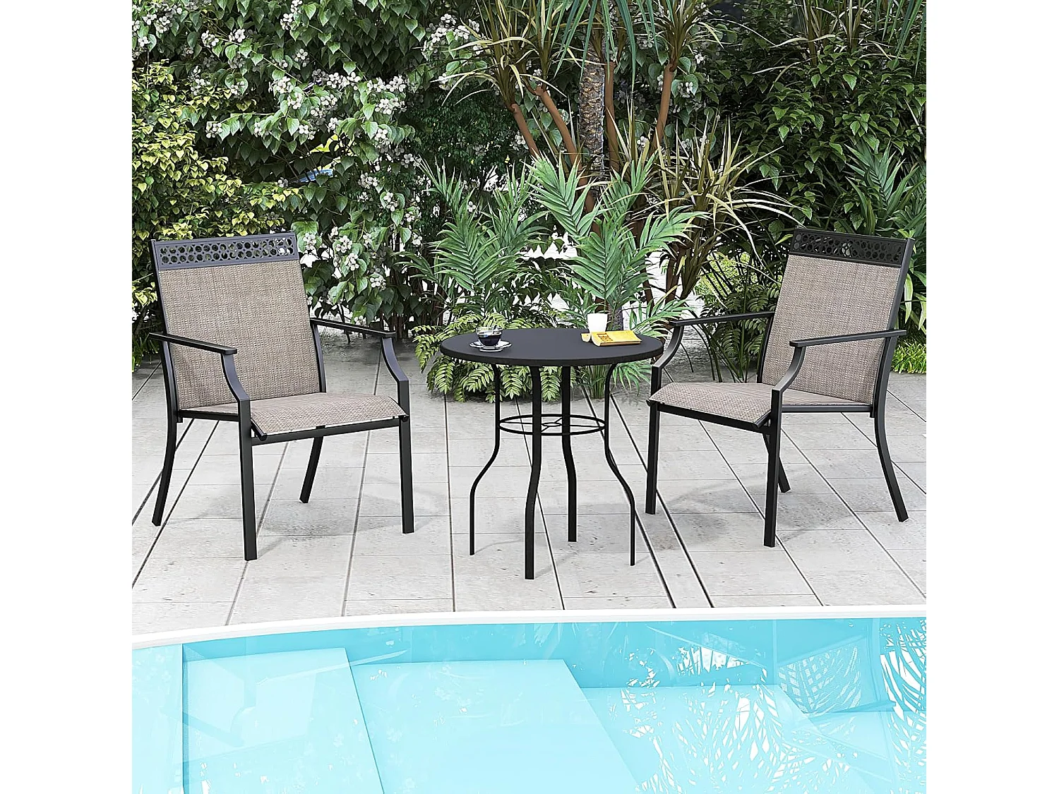 Set van 2 tuinstoelen, terrasstoelen, balkonstoelen met sneldrogende stof, outdoorstoelen, belastbaar tot 150 kg, voor tuin, balkon, zwembad (koffie)ZB33584