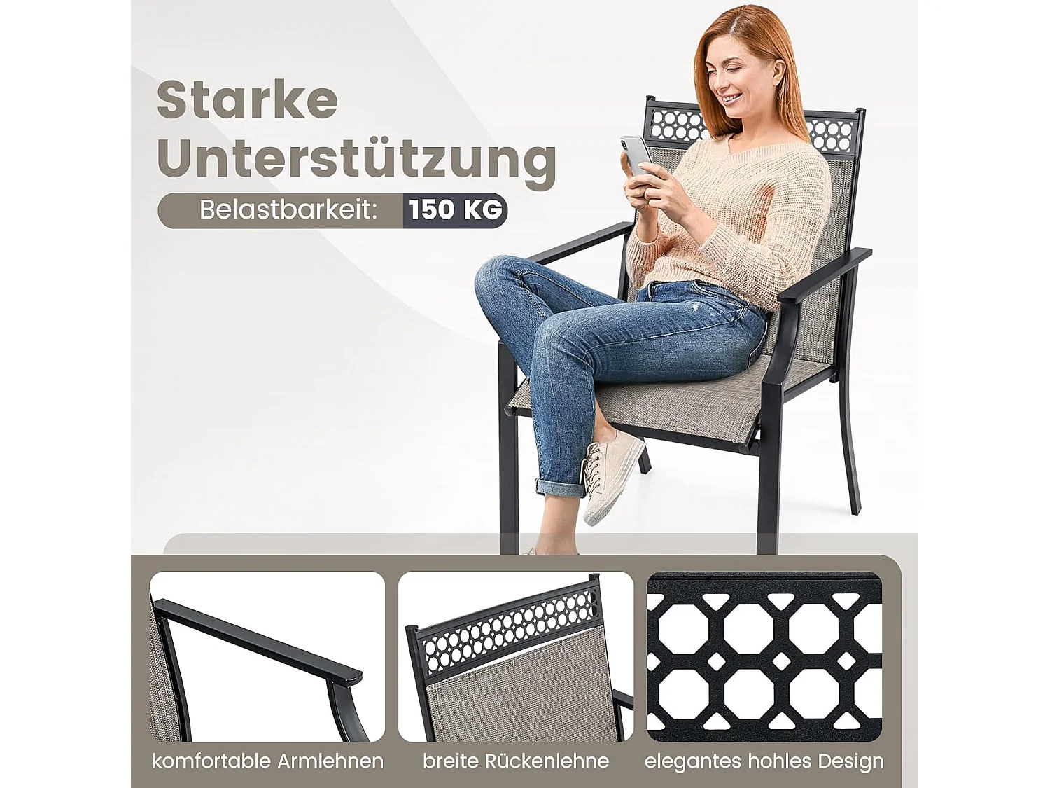 Set van 2 tuinstoelen, terrasstoelen, balkonstoelen met sneldrogende stof, outdoorstoelen, belastbaar tot 150 kg, voor tuin, balkon, zwembad (koffie)ZB33584