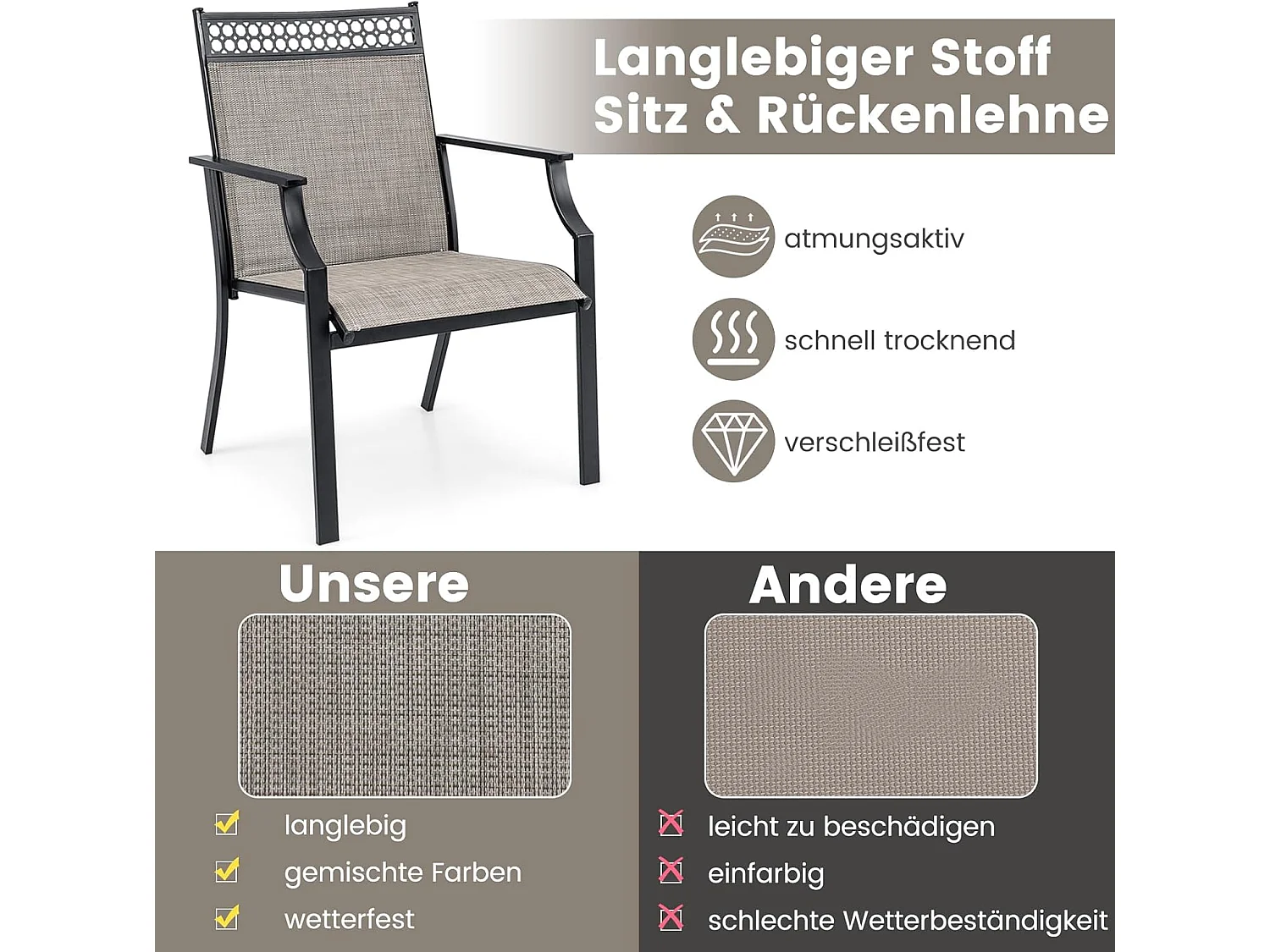 Set van 2 tuinstoelen, terrasstoelen, balkonstoelen met sneldrogende stof, outdoorstoelen, belastbaar tot 150 kg, voor tuin, balkon, zwembad (koffie)ZB33584