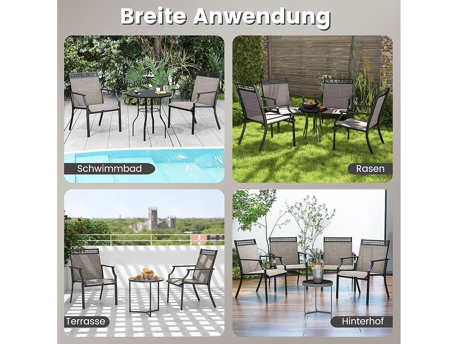 Set van 2 tuinstoelen, terrasstoelen, balkonstoelen met sneldrogende stof, outdoorstoelen, belastbaar tot 150 kg, voor tuin, balkon, zwembad (koffie)ZB33584
