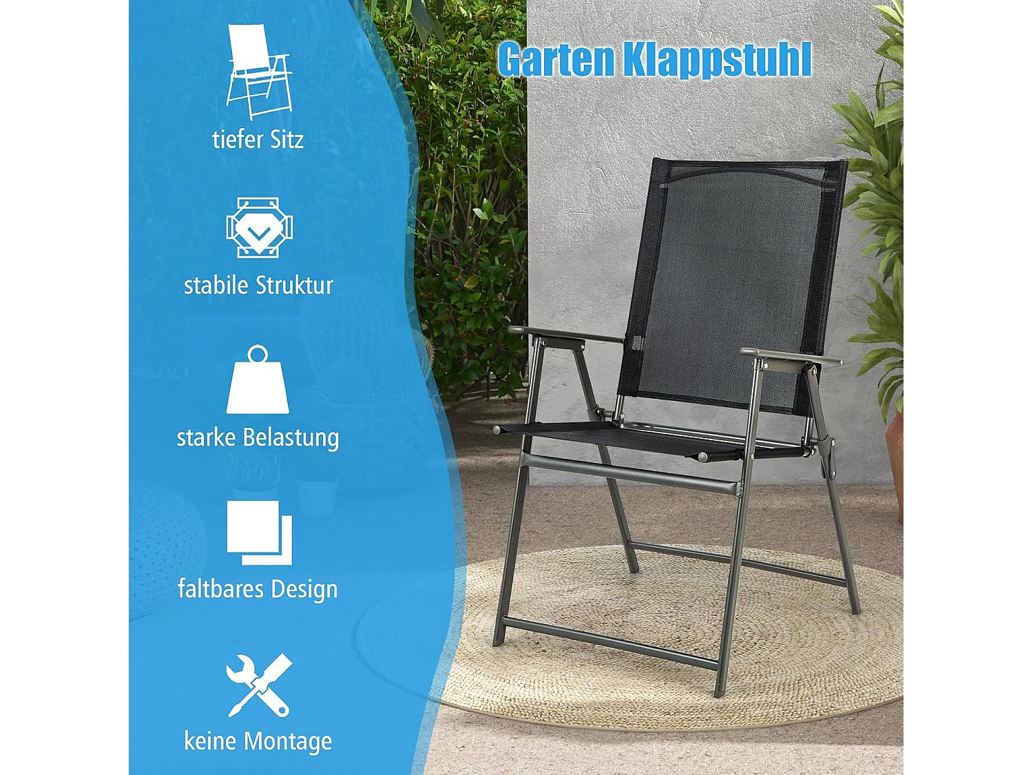 Set van 4 tuinstoelen, klapstoelen met, balkonstoelen met armleuningen, terrasstoelen, belastbaar tot 150 kg, voor tuin, terras, balkon, zwartZB33246