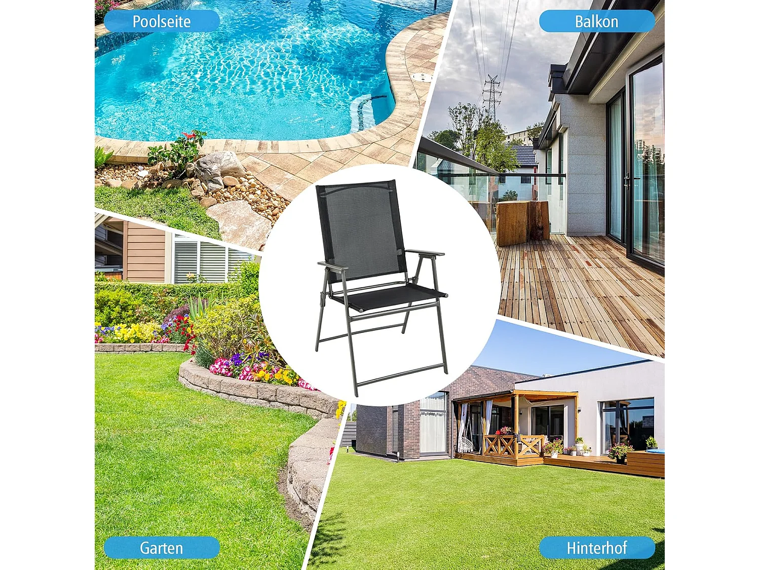 Set van 4 tuinstoelen, klapstoelen met, balkonstoelen met armleuningen, terrasstoelen, belastbaar tot 150 kg, voor tuin, terras, balkon, zwartZB33246