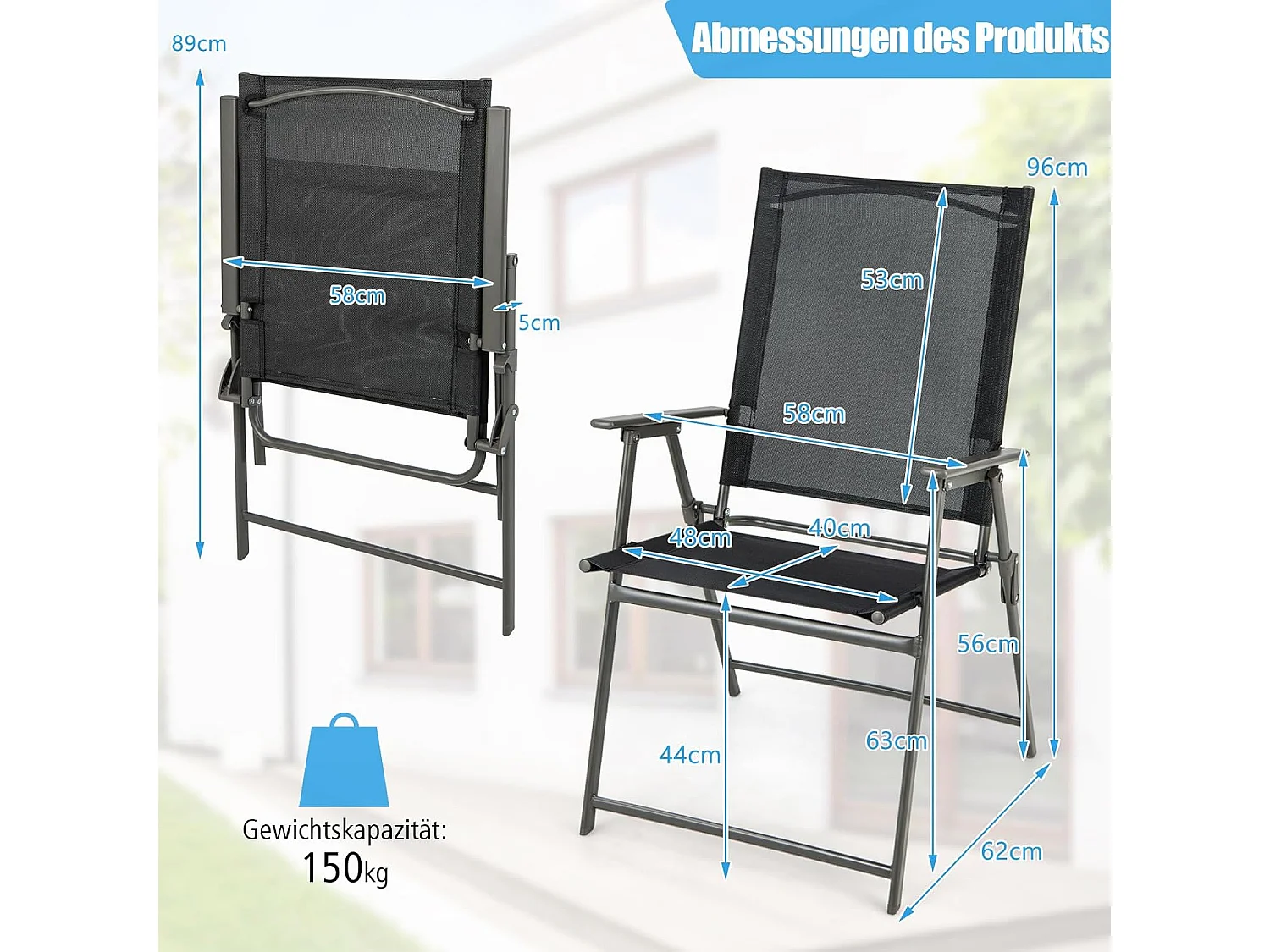 Set van 4 tuinstoelen, klapstoelen met, balkonstoelen met armleuningen, terrasstoelen, belastbaar tot 150 kg, voor tuin, terras, balkon, zwartZB33246