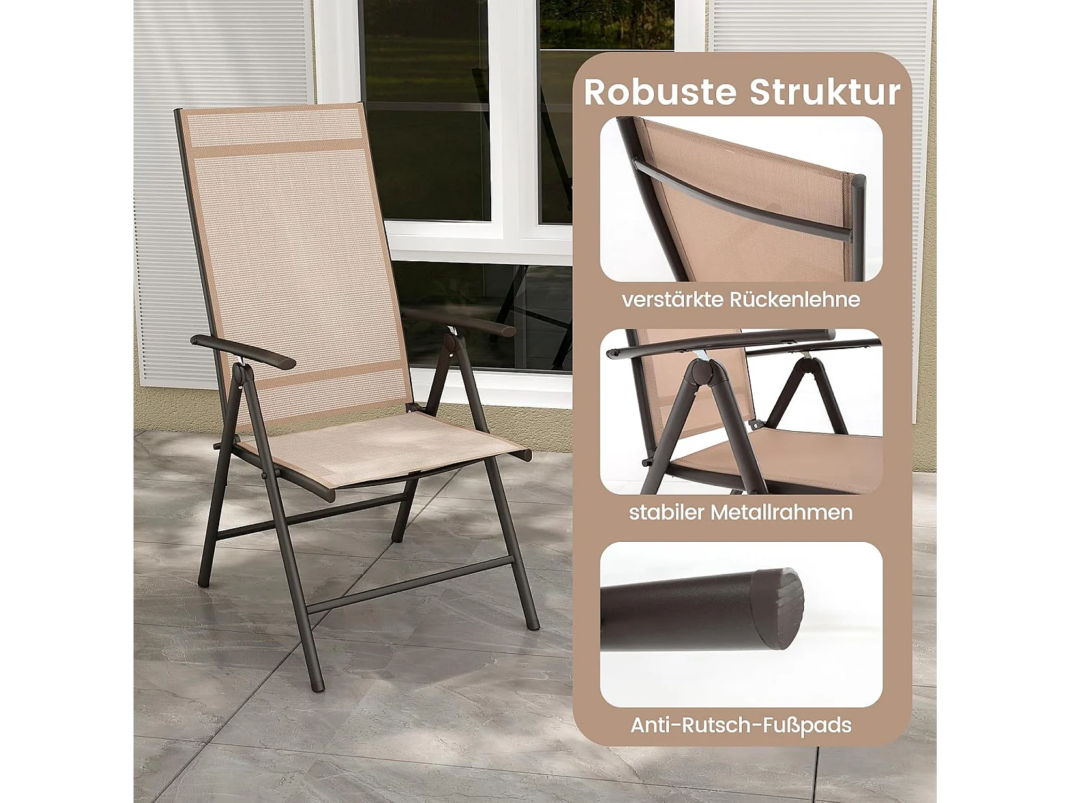 Kettler Tuinstoel met hoge rugleuning, stabiele klapstoel voor de tuin, rugleuning, meertraps