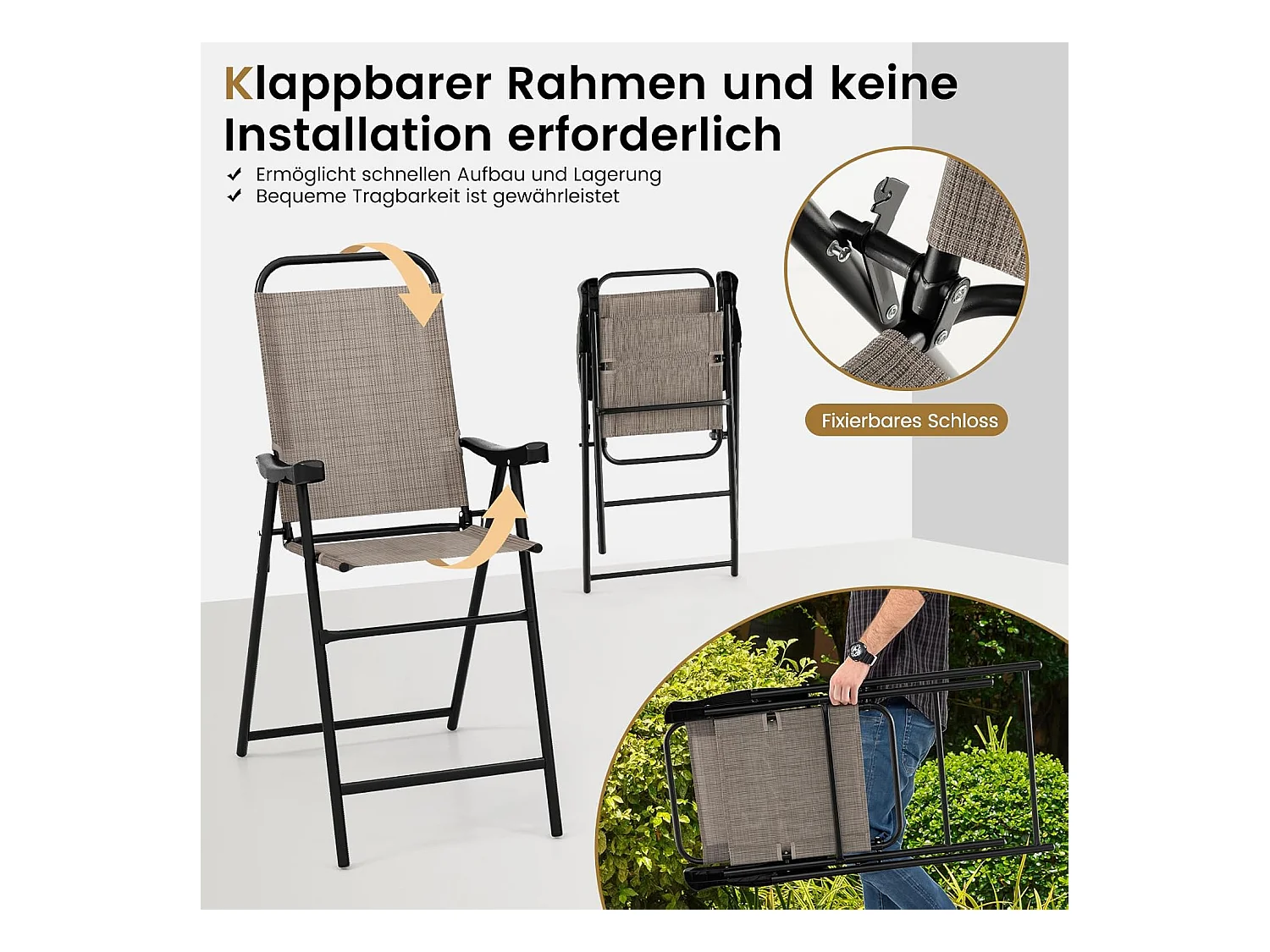 Set van 2 tuinstoelen, hoge klapstoelen met voetensteun,inklapbare barkrukken tot 150 kg belastbaar, balkonstoelen voor balkon, tuin, zwembad ZB33564