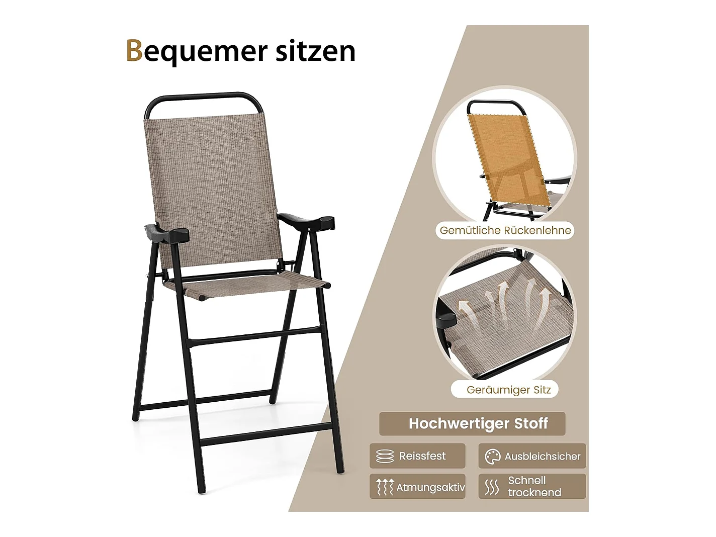 Set van 2 tuinstoelen, hoge klapstoelen met voetensteun,inklapbare barkrukken tot 150 kg belastbaar, balkonstoelen voor balkon, tuin, zwembad ZB33564