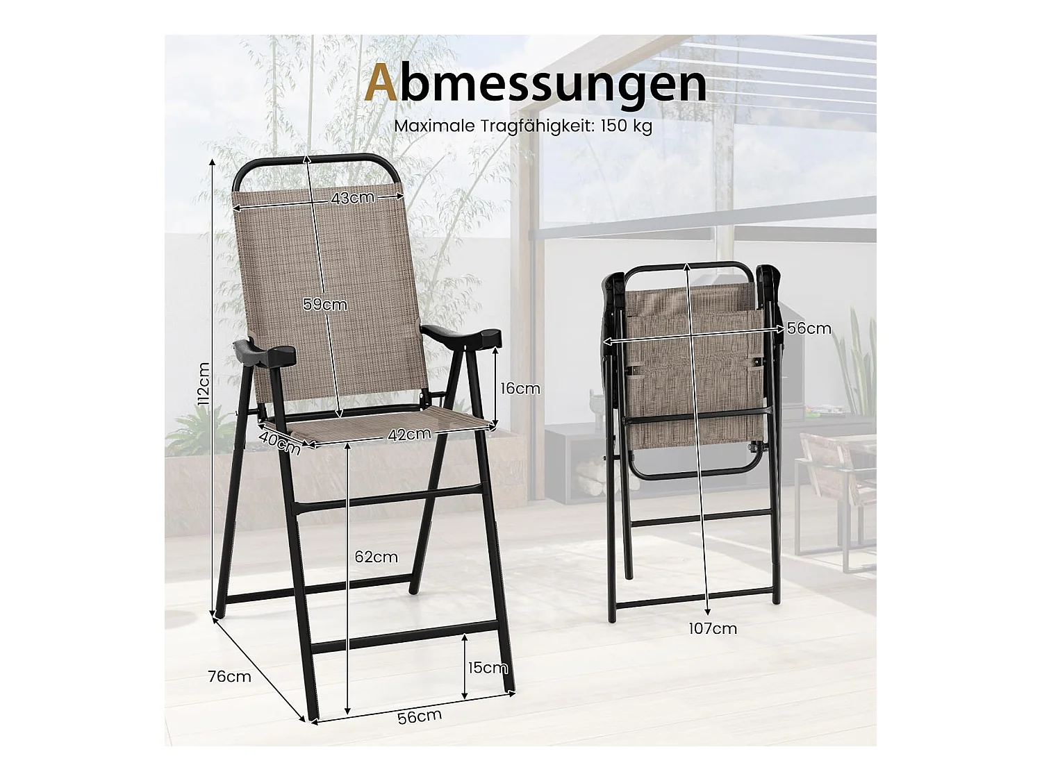 Set van 2 tuinstoelen, hoge klapstoelen met voetensteun,inklapbare barkrukken tot 150 kg belastbaar, balkonstoelen voor balkon, tuin, zwembad ZB33564