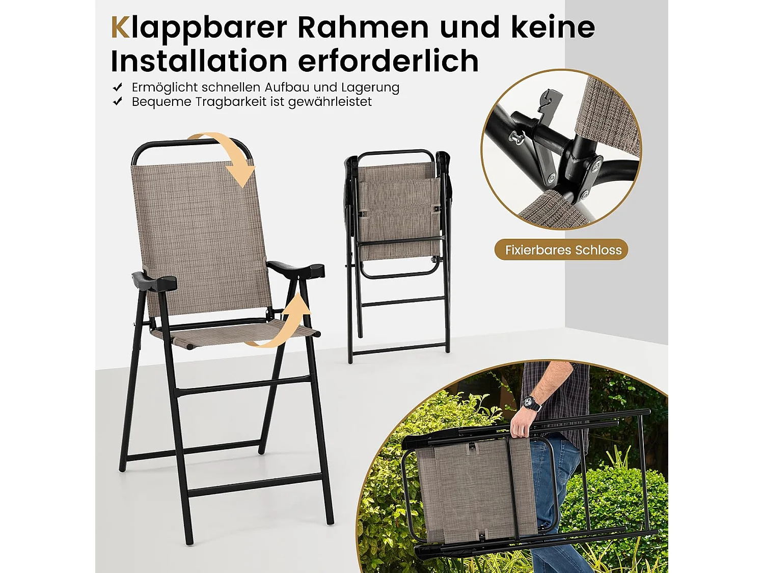 Set van 2 tuinstoelen, hoge klapstoelen met voetensteun,inklapbare barkrukken tot 150 kg belastbaar, balkonstoelen voor balkon, tuin, zwembad ZB33564