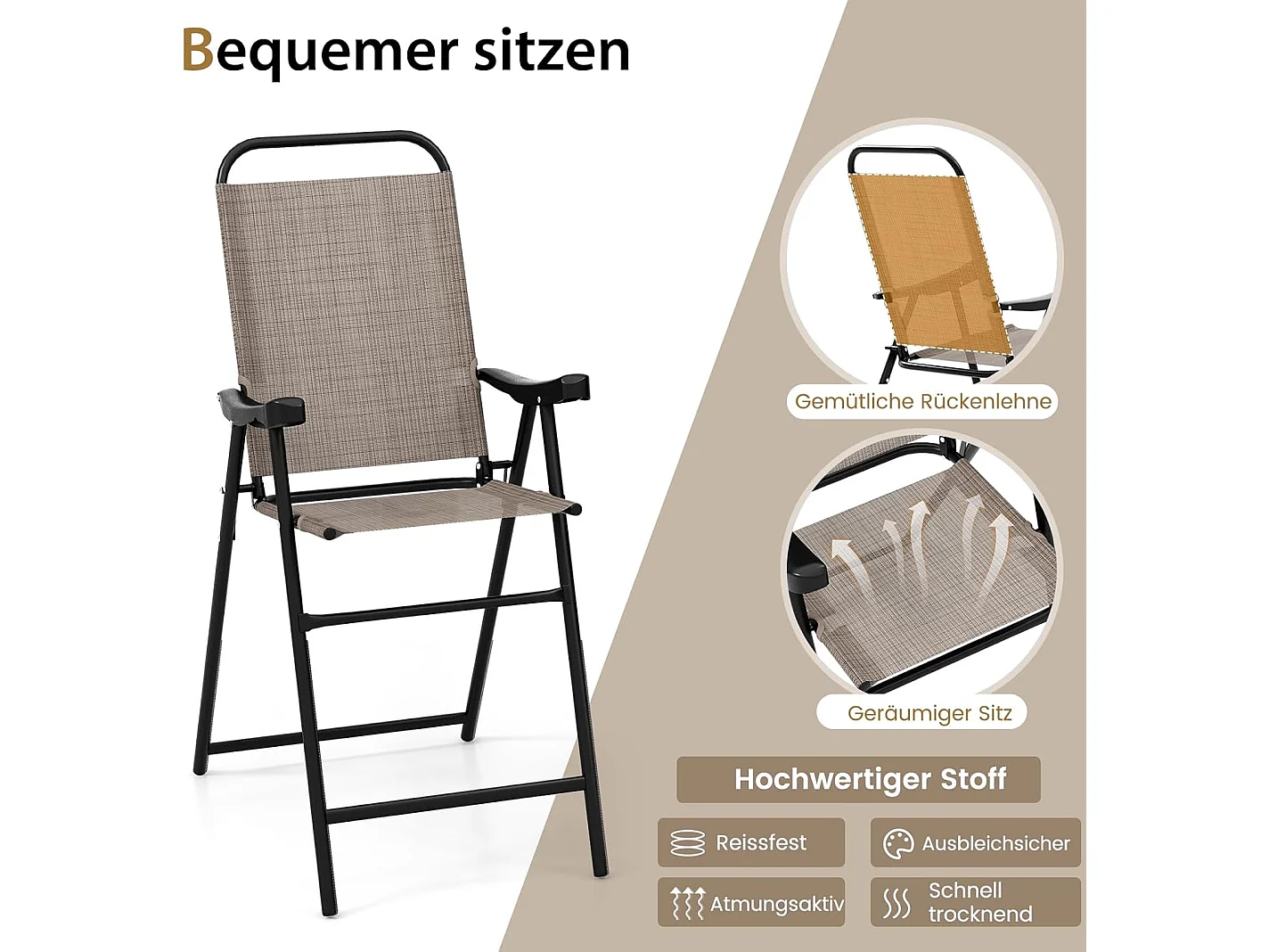 Set van 2 tuinstoelen, hoge klapstoelen met voetensteun,inklapbare barkrukken tot 150 kg belastbaar, balkonstoelen voor balkon, tuin, zwembad ZB33564
