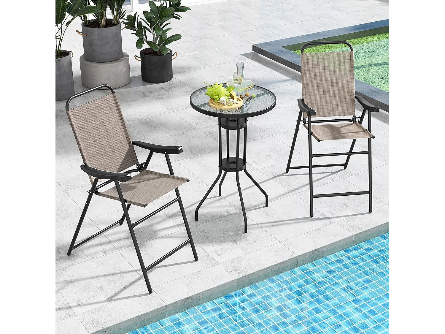 Set van 2 tuinstoelen, hoge klapstoelen met voetensteun,inklapbare barkrukken tot 150 kg belastbaar, balkonstoelen voor balkon, tuin, zwembad ZB33564